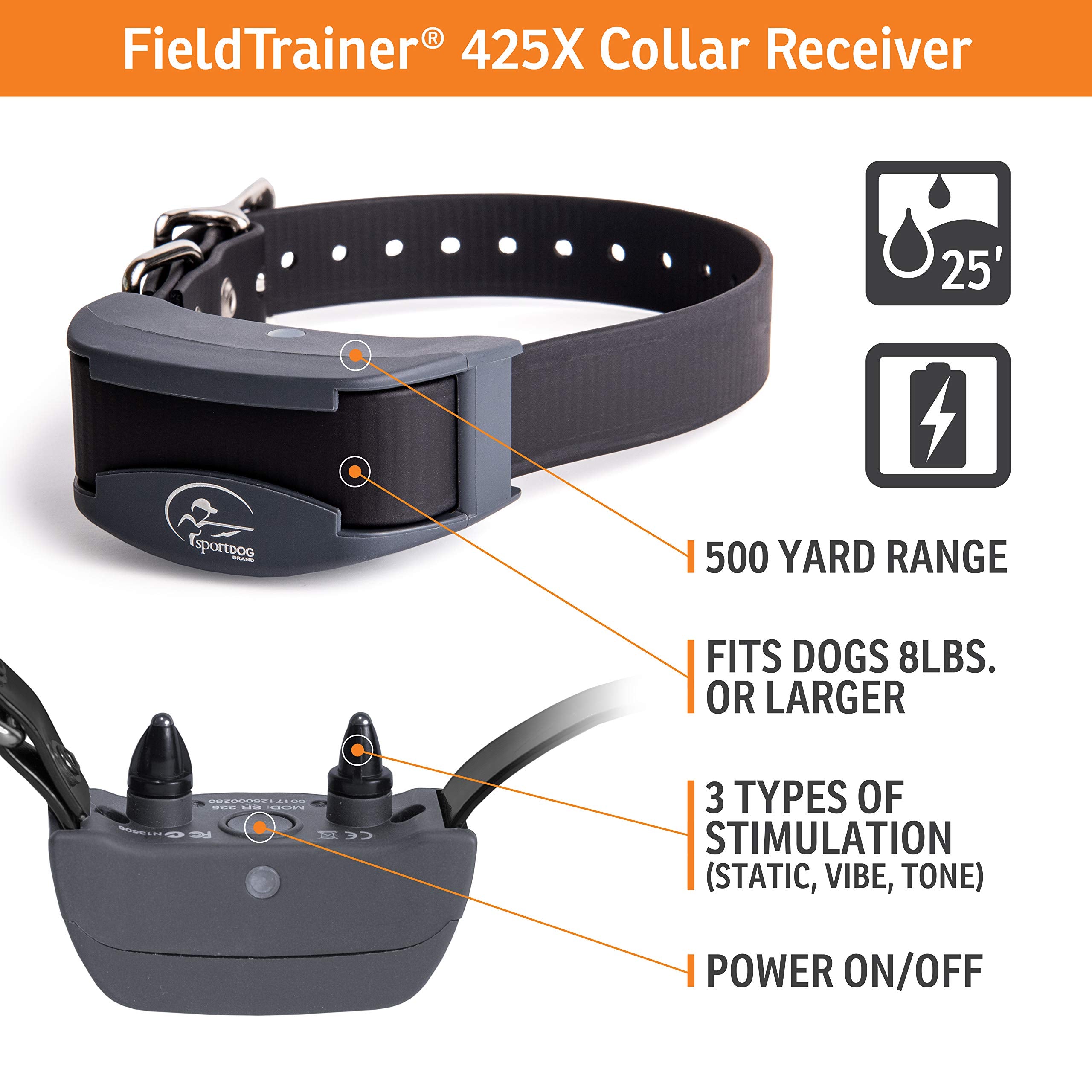 Sportdog Brand Fieldtrainer 425X Remote Training Collar, E Collar For Dogs - Waterproof Dog Trainer, Submersible Up To 25 Feet, Rechargeable Dog Training Collar With Remote Shock, Vibrate, And Tone