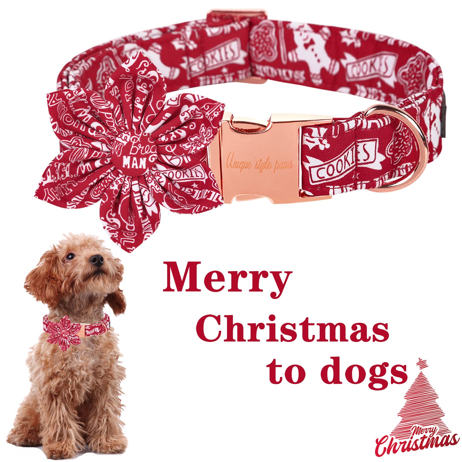 Unique Style Paws Christmas Dog Collar With Flower Tie Winter Gingerbread Snowman Theme Puppy Collar For Small Medium Large Dogs-L