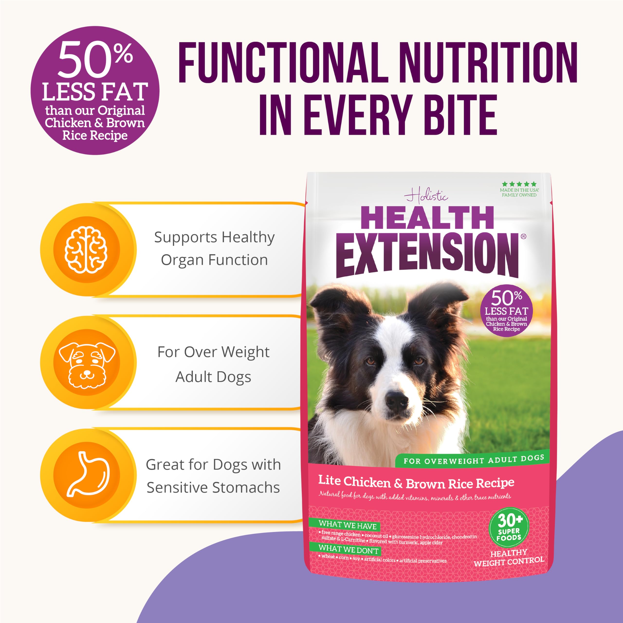 Health Extension Lite Chicken & Brown Rice Dry Dog Food (4 lb / 1.81 kg) - Low-Fat Formula with Glucosamine, Probiotics & Omega