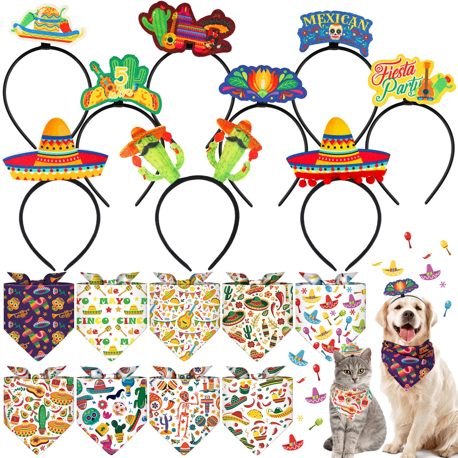 18 Pcs Mexican Sombrero Dog Headband Cinco De Mayo Fiesta Dog Bandanas Costume Triangle Pet Scarf Adjustable Mexico Sombrero Hea