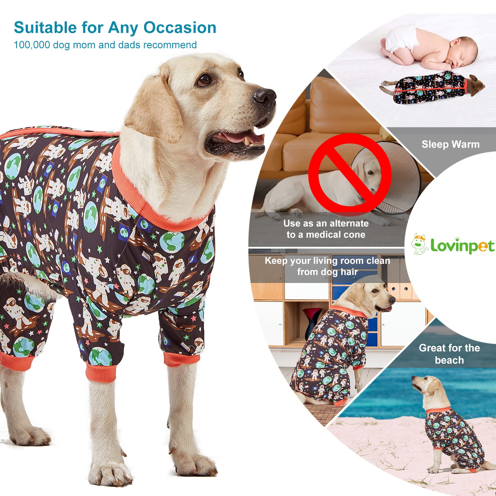 Lovinpet Large Dog Outfit/Dog Rash Guard/Dog Sun Shield Shirt/Space Astronauts Black Print/Lightweight Pullover, Large Puppy Pj'