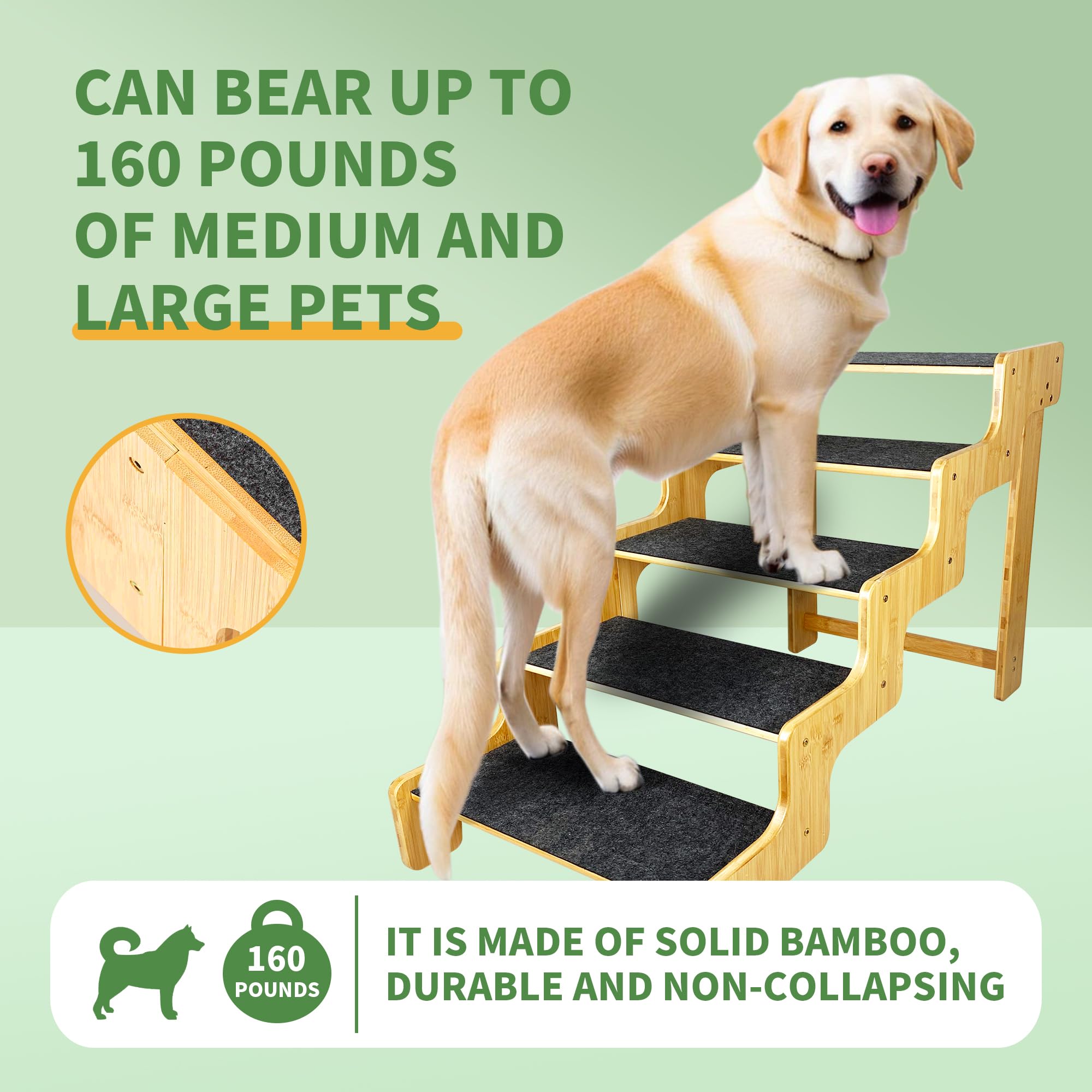GXONE Dog Steps - 5-Step Bamboo Stairs for Senior Pets, 24" Height, Supports Up to 160 LB, Brown, Model DS-5