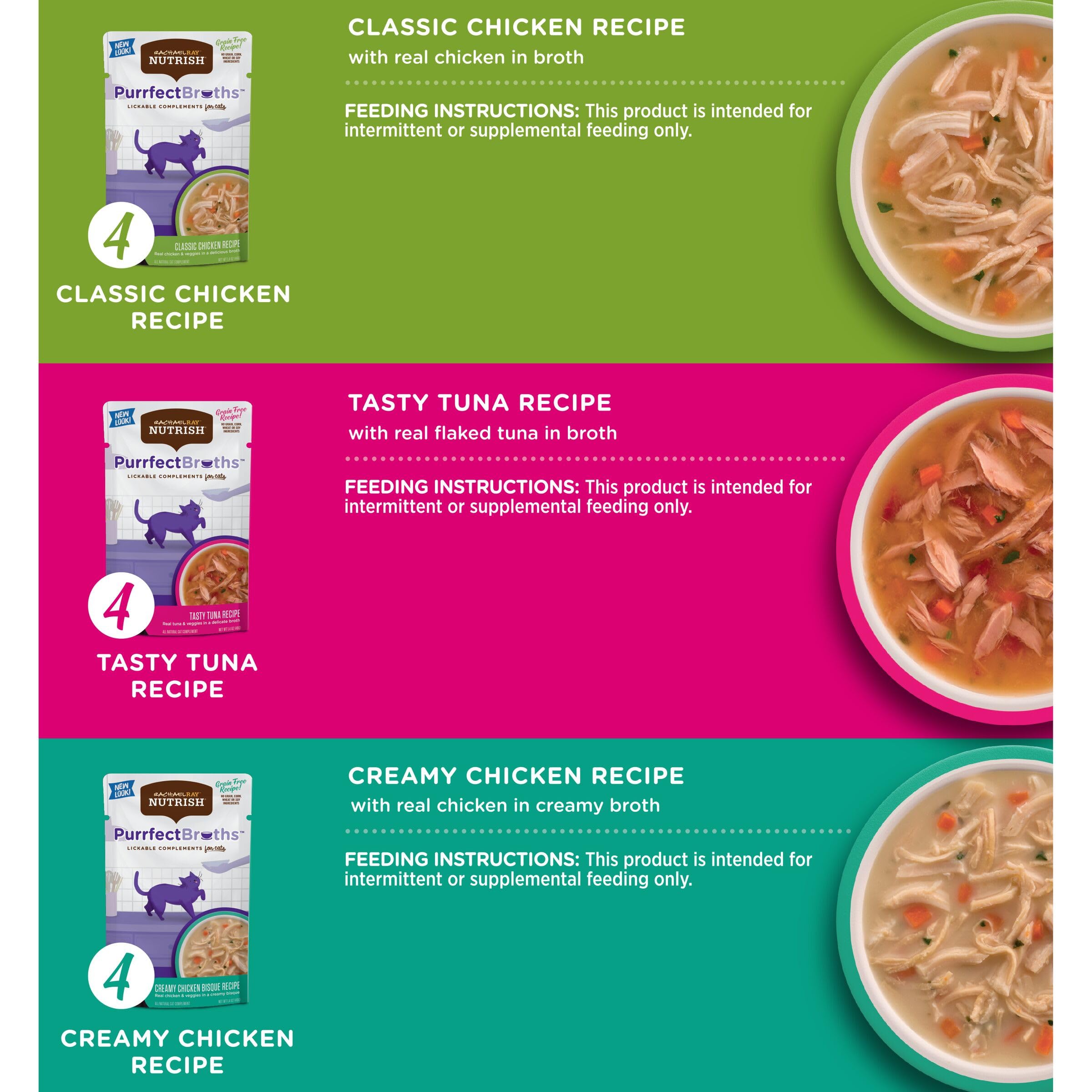 Rachael Ray Nutrish Purrfect Broths Natural Wet Cat Food, Variety Pack, 1.4 Ounce Pouch (Pack of 24), Grain Free