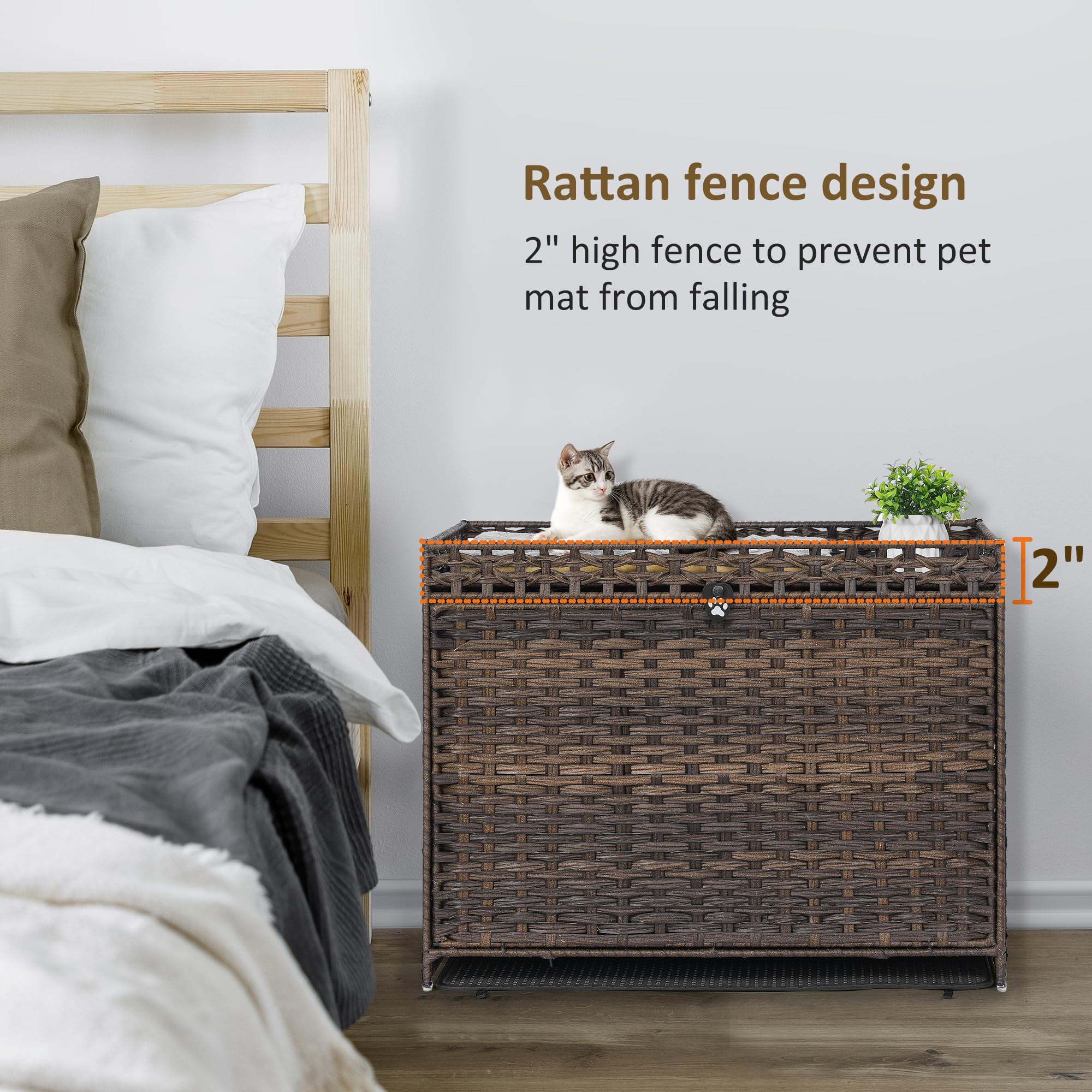 Cat Litter Box Enclosure With Soft Litter Mat; Hidden Cat Washroom Furniture With Door; Handwoven Rattan Cat House With Large Sp