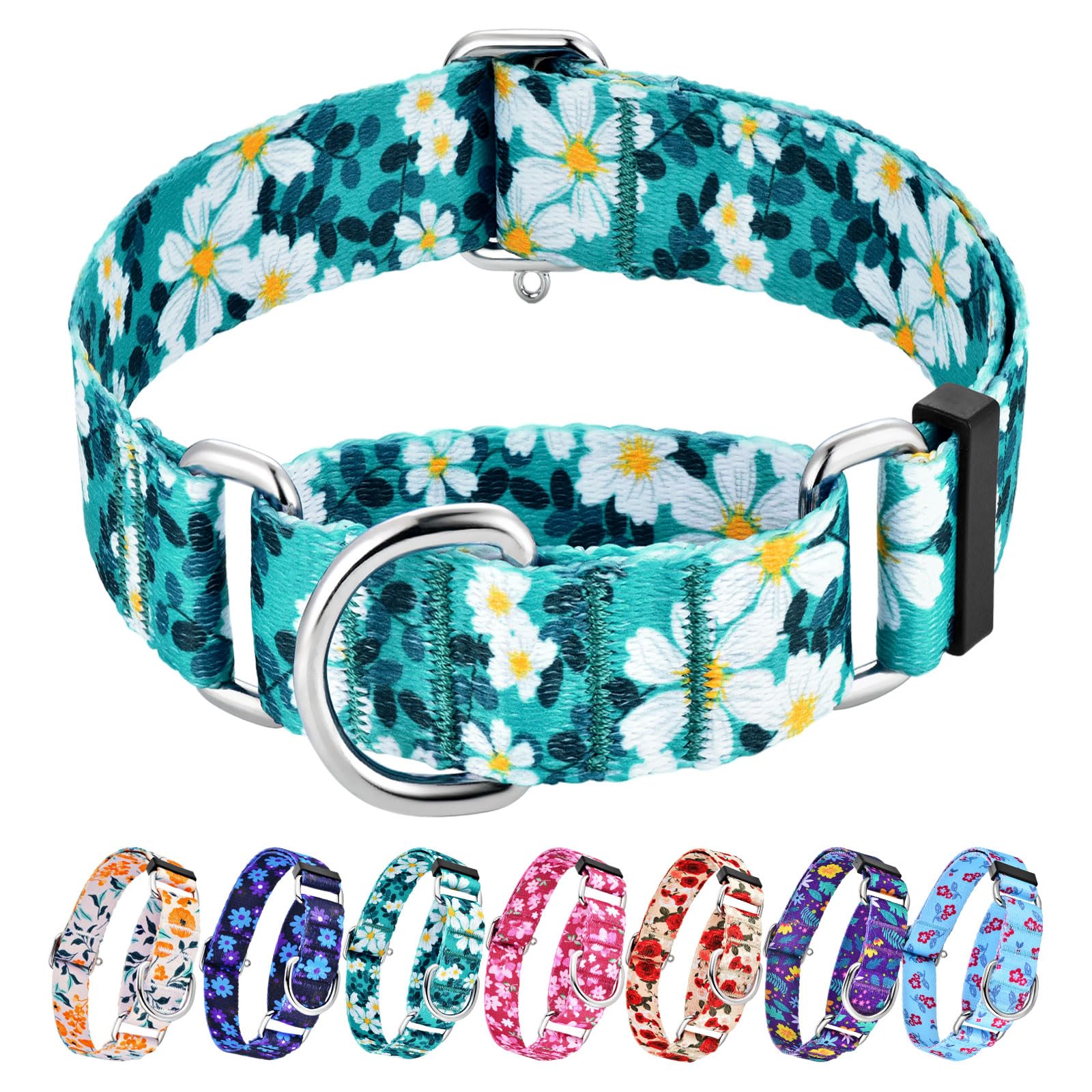 Hikiko 1.5 Inch Martingale Collar With No Buckle Heavy Duty Floral Daisy Dog Collars For Medium Large Dogs,Green Flower