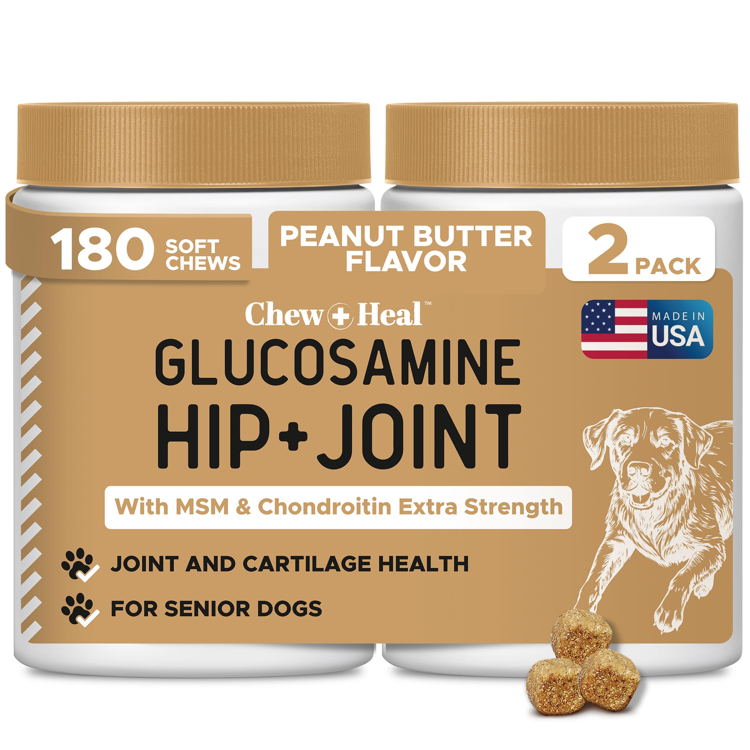 Dog Glucosamine Chews, 180 Count - Hip and Joint Supplement for Dogs - MSM, Chondroitin for Joint and Cartilage Health - Puppies