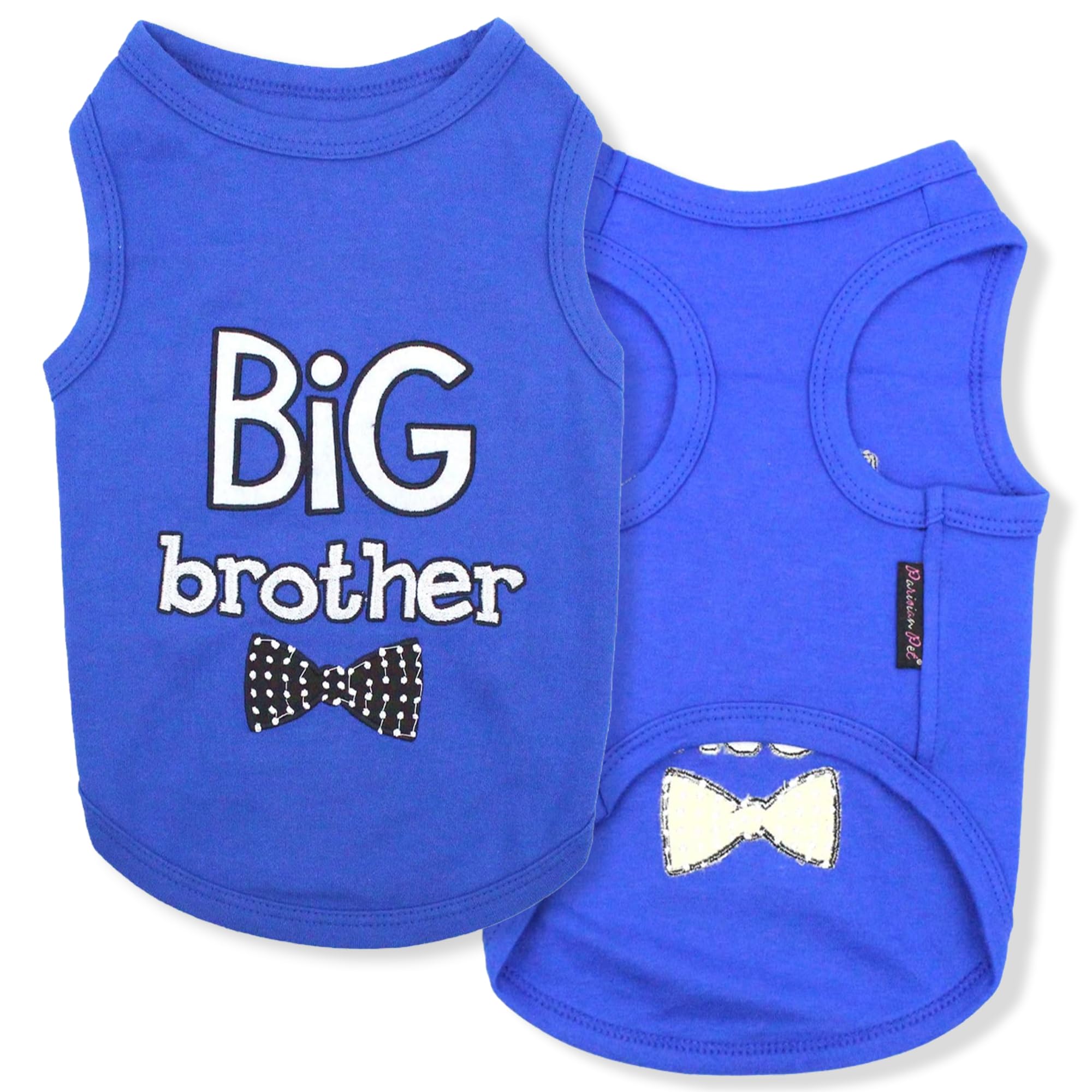 Parisian Pet Dog T-Shirt With Embroidered ' Big Brother ' Words - 100% Cotton, Big Brother Dog Shirt - Sleeveless Pet Vest - Machine Washable Blue Dog Shirts For Small Dogs, S
