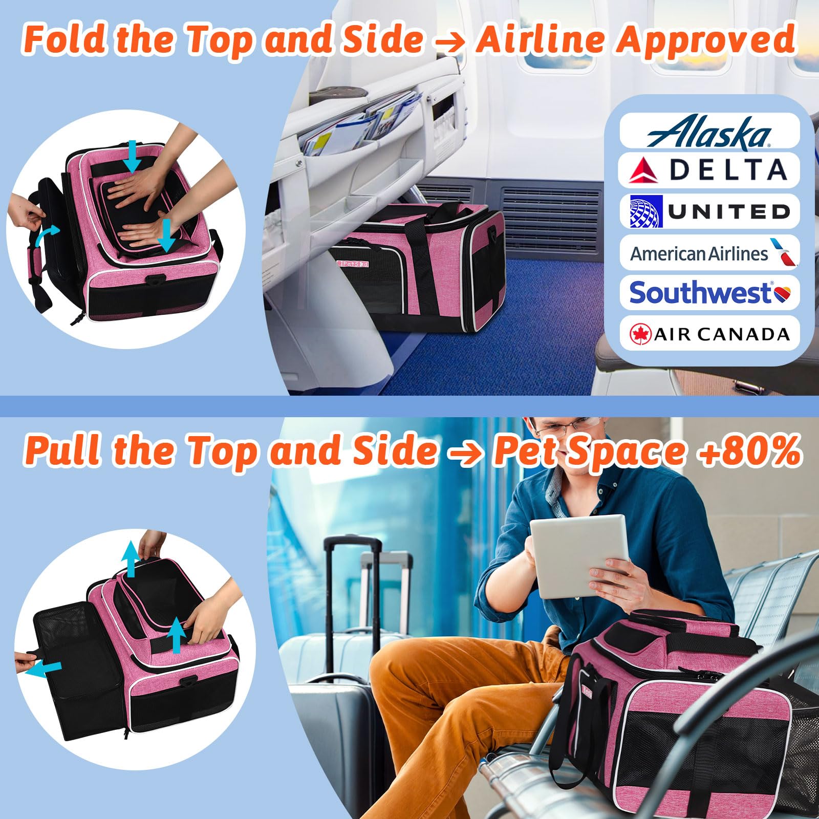 Petskd Top And Side Expandable Pet Carrier 17X11X9.5 Inches Alaska Airline Approved, Soft-Sided Carrier For Small Cats And Dogs