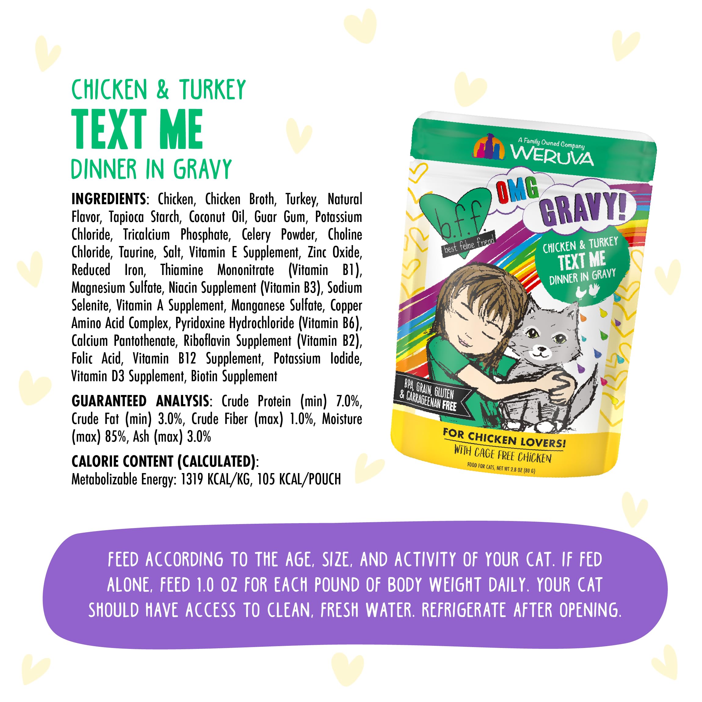 Weruva B.F.F. OMG - Best Feline Friend Oh My Gravy!, Chicken & Turkey Text Me with Chicken & Turkey in Gravy, 2.8oz Pouch (Pack