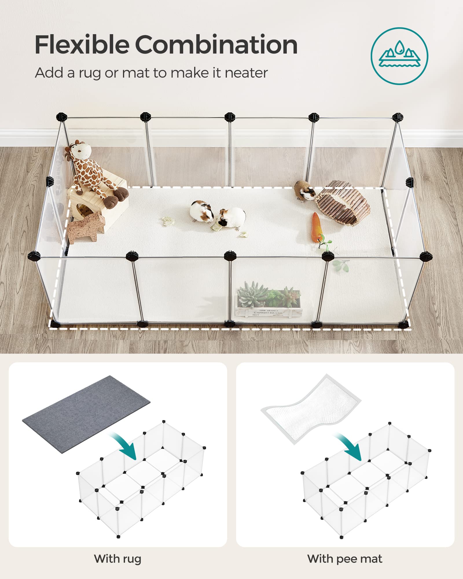 Songmics 20 Panels Pet Playpen With Floor, Small Animal Playpen, Pet Fence Indoor, Diy Plastic Enclosure For Guinea Pigs, Bunny, Hamsters, Hedgehogs, 49.2 X 24.8 X 16.5 Inches, White Ulpc001W01