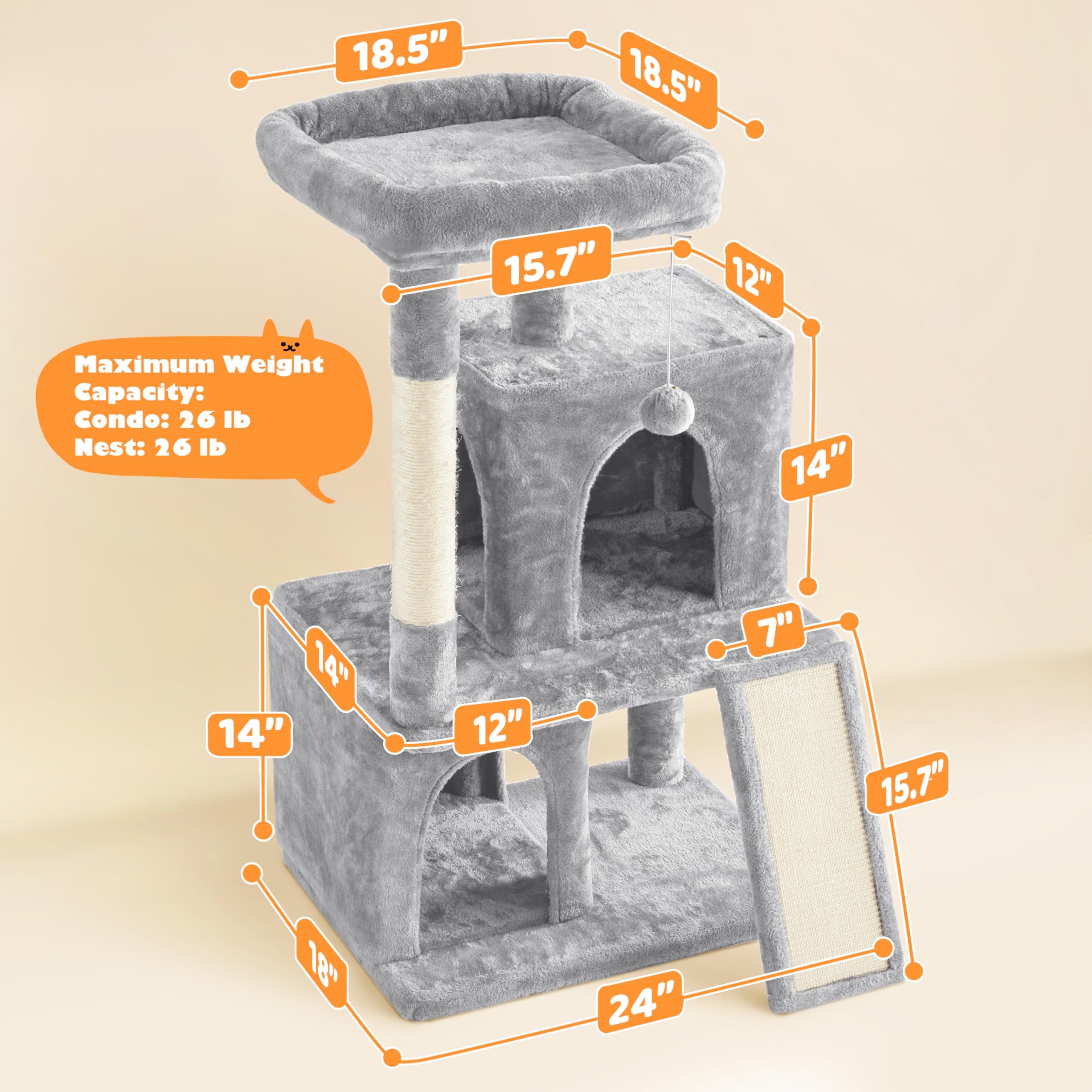 Yaheetech 42in Cat Tree Tower with Scratching Posts, Plush Condo & Ramp, Light Gray, Engineered Wood, Model YT-00133299-42