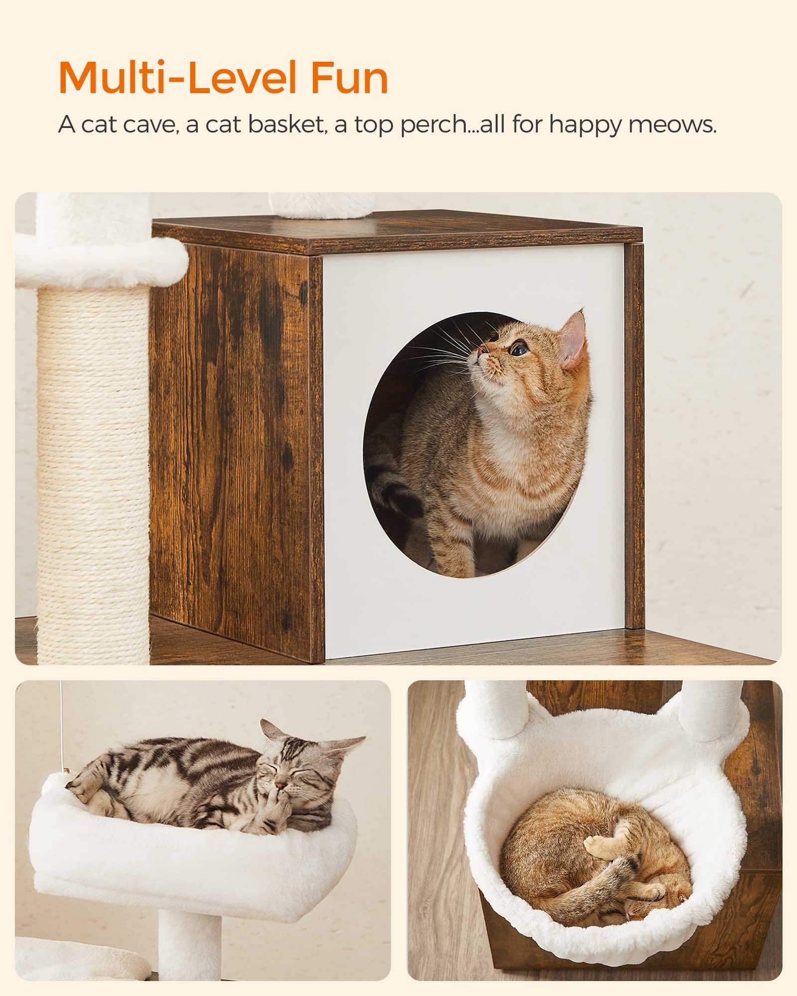 Feandrea Woodywonders Cat Tree With Litter Box Enclosure, 2-In-1 Modern Tower, Furniture Hidden, Cat Condo With Scratching Posts, Removable Pompom Sticks, Rustic Brown Upct113X01