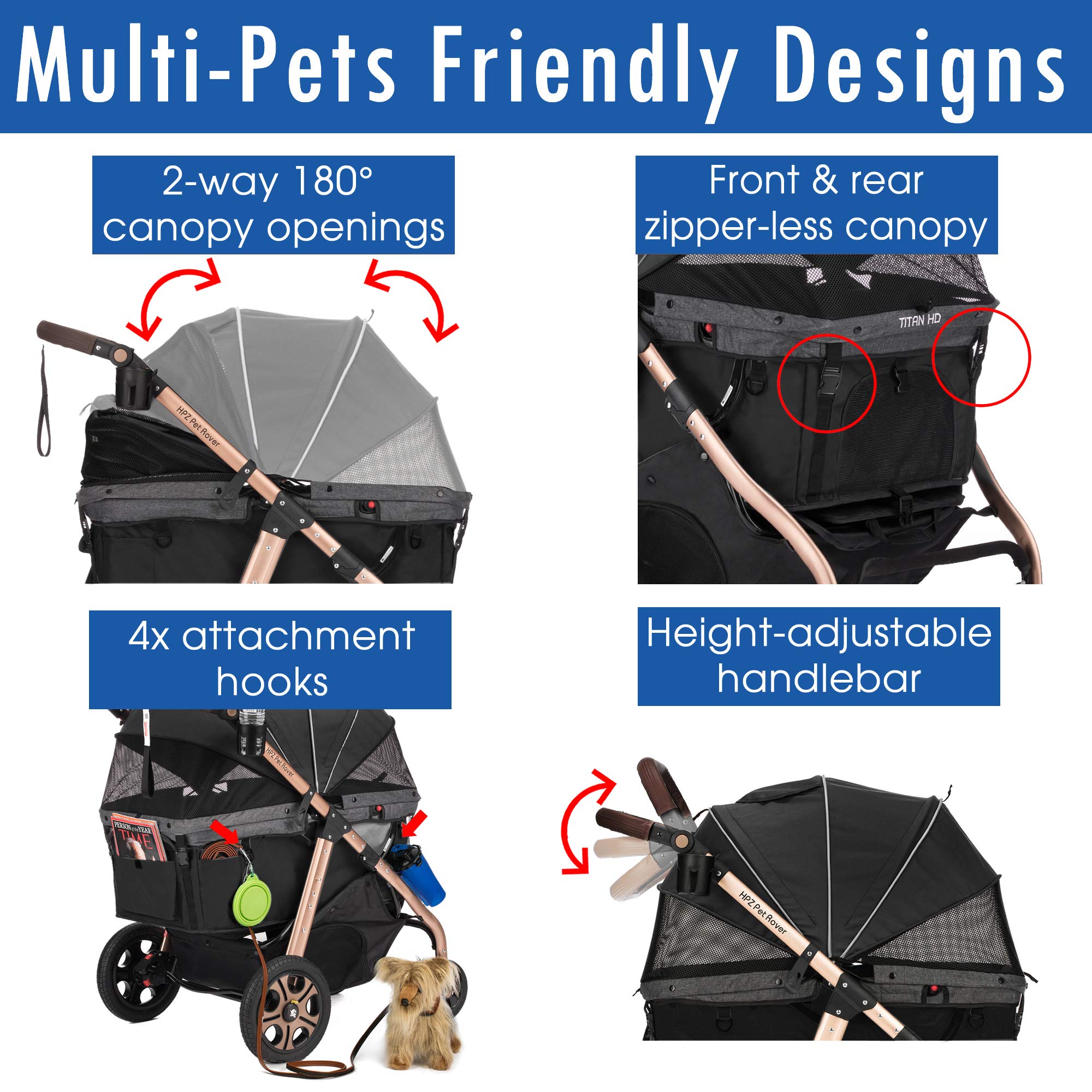 Hpz Pet Rover Titan-Hd Premium Super-Sized Dog/Cat/Pet Stroller Suv Travel Carriage/W Access Ramp/100Lbs Capacity/Pumpless Rubber Wheels/Aluminum Frame For Small, Med, Large, Xl Pets (Black)