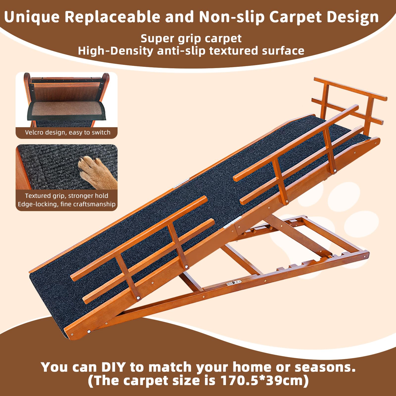 Jopavo Dog Ramp For Bed - 65'' Length, Supports Up To 32'' Height,Includes Non-Slip Replaceable Carpet, Safety Rails & Landing P