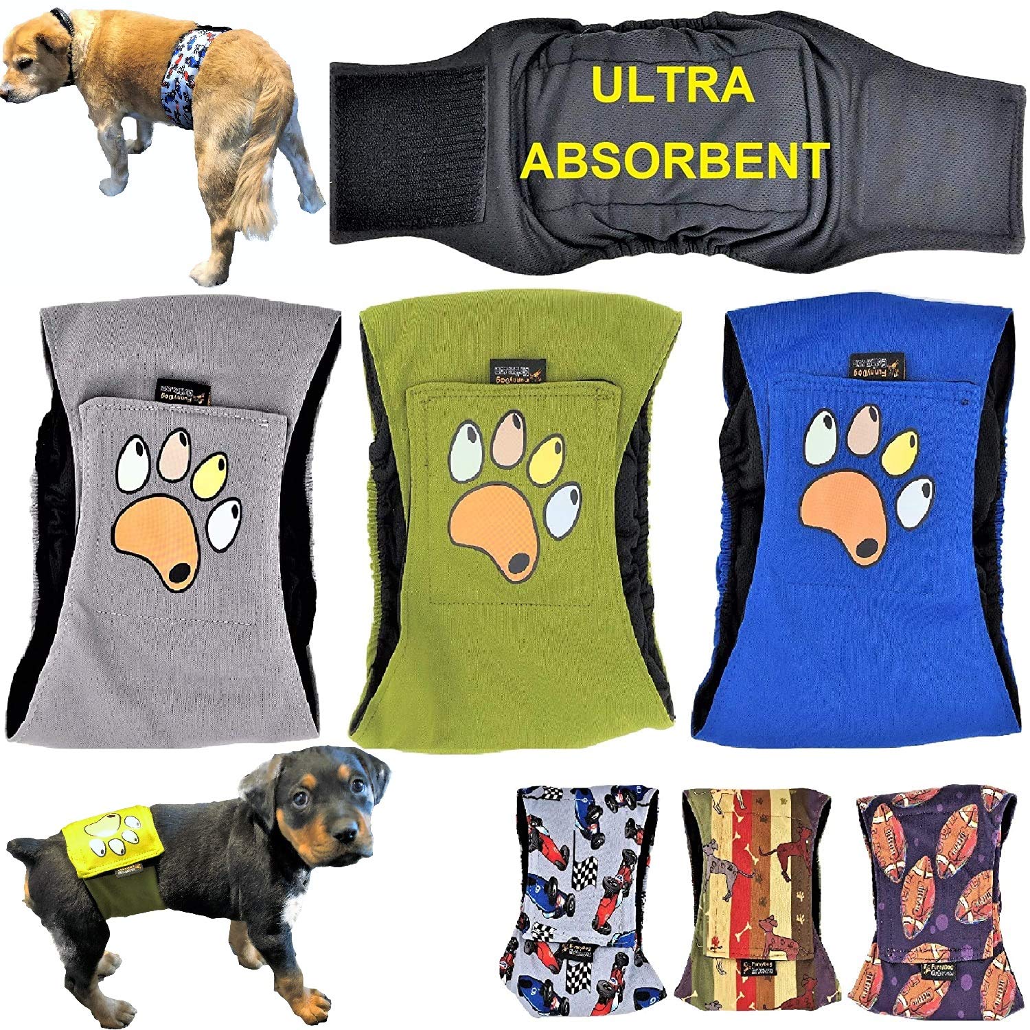 Pack of 3 Male Dog Diapers 4 - Layers of Absorbent Pads Waterproof Leak Proof Belly Band Wrap Washable (XL: Waist 20 - 26, Solid