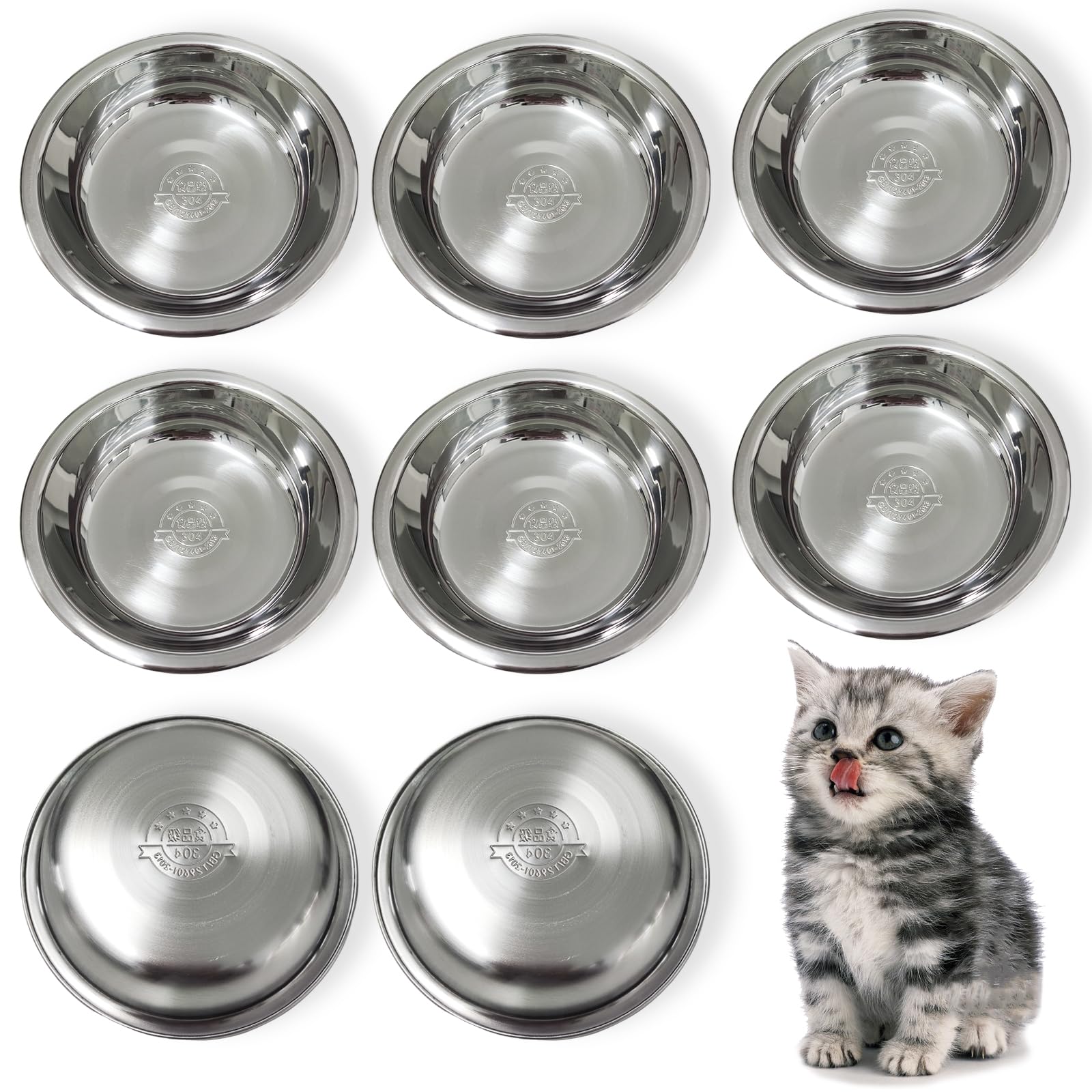 GCVOPTON Stainless Steel Cat Bowls, 8 Pcs, 5.5 Inches, Shallow Design, Multifunctional Feeder for Cats & Kittens