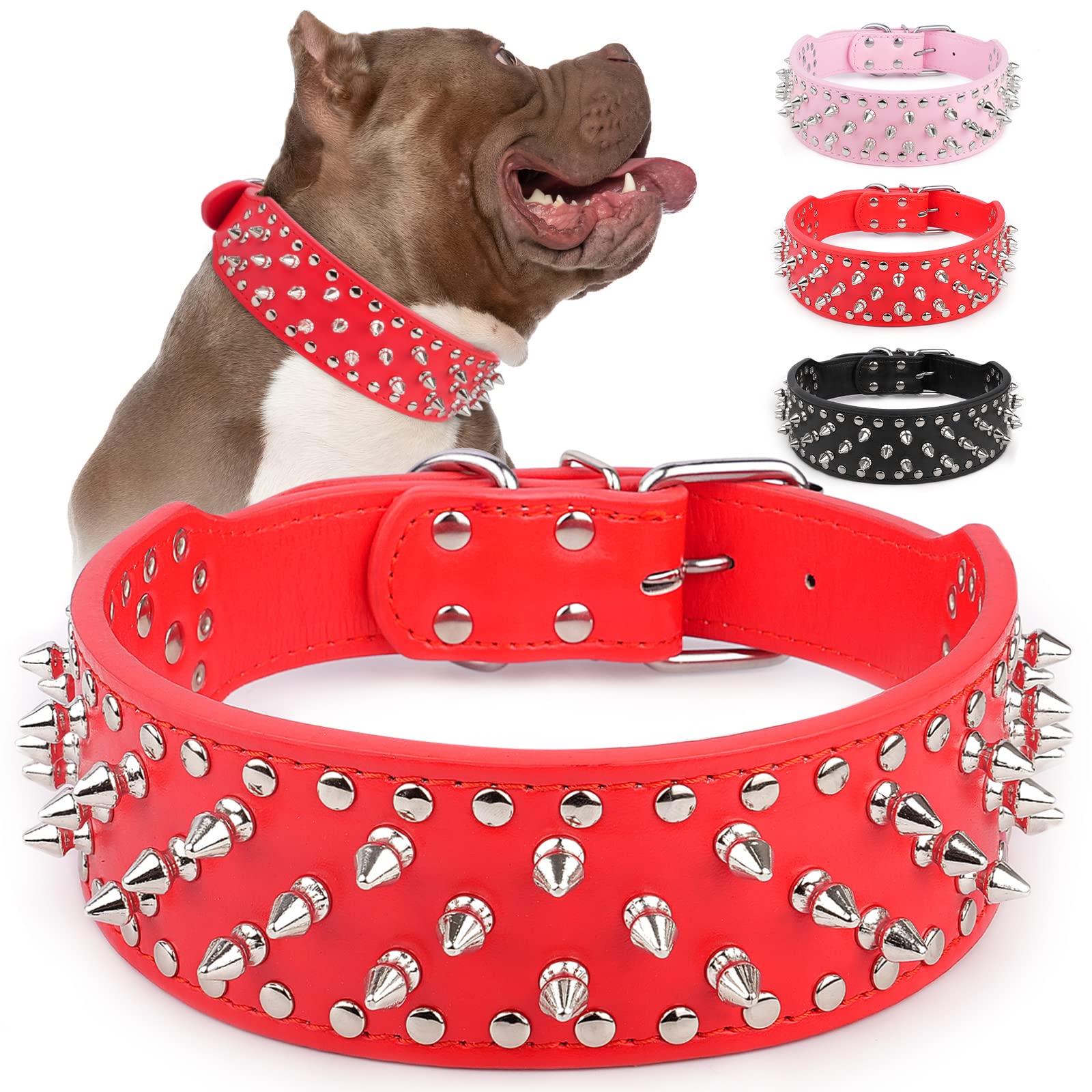Epesiri Adjustable Wide Spiked Dog Collar, Mushroom Rivet Pu Leather Cat Dog Collars, Durable Spike Studded Pet Collar For Small Medium Large Breed, Pitbull Mastiff Bulldog Pugs Husky Rottweiler, Red