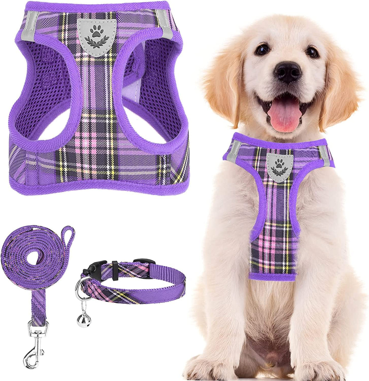 Pupteck Adjustable Dog Harness Collar And Leash Set Step In No Pull Pet Harness For Small Medium Dogs Puppy And Cats Outdoor Walking Running, Soft Mesh Padded Reflective Vest Harnesses, Purple S