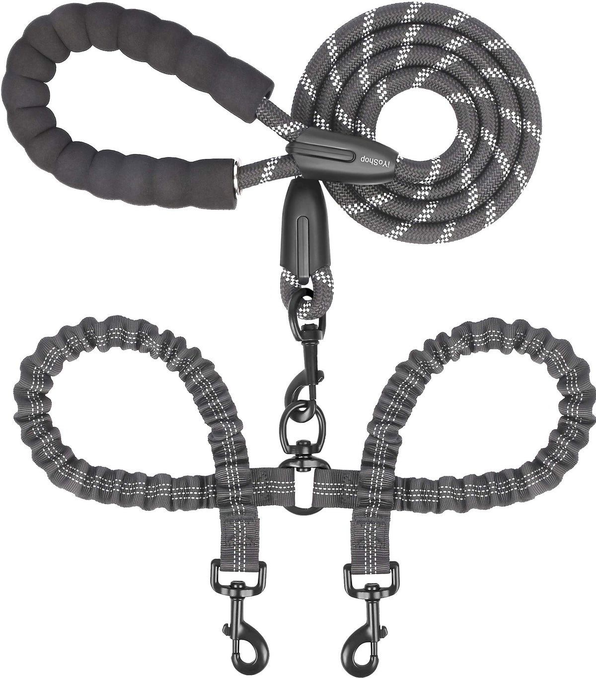 Iyoshop Dual Dog Leash, Double Dog Leash, 360 Swivel No Tangle Walking Leash, Shock Absorbing Bungee For Two Dogs, Black, Large (25-150 Lbs)