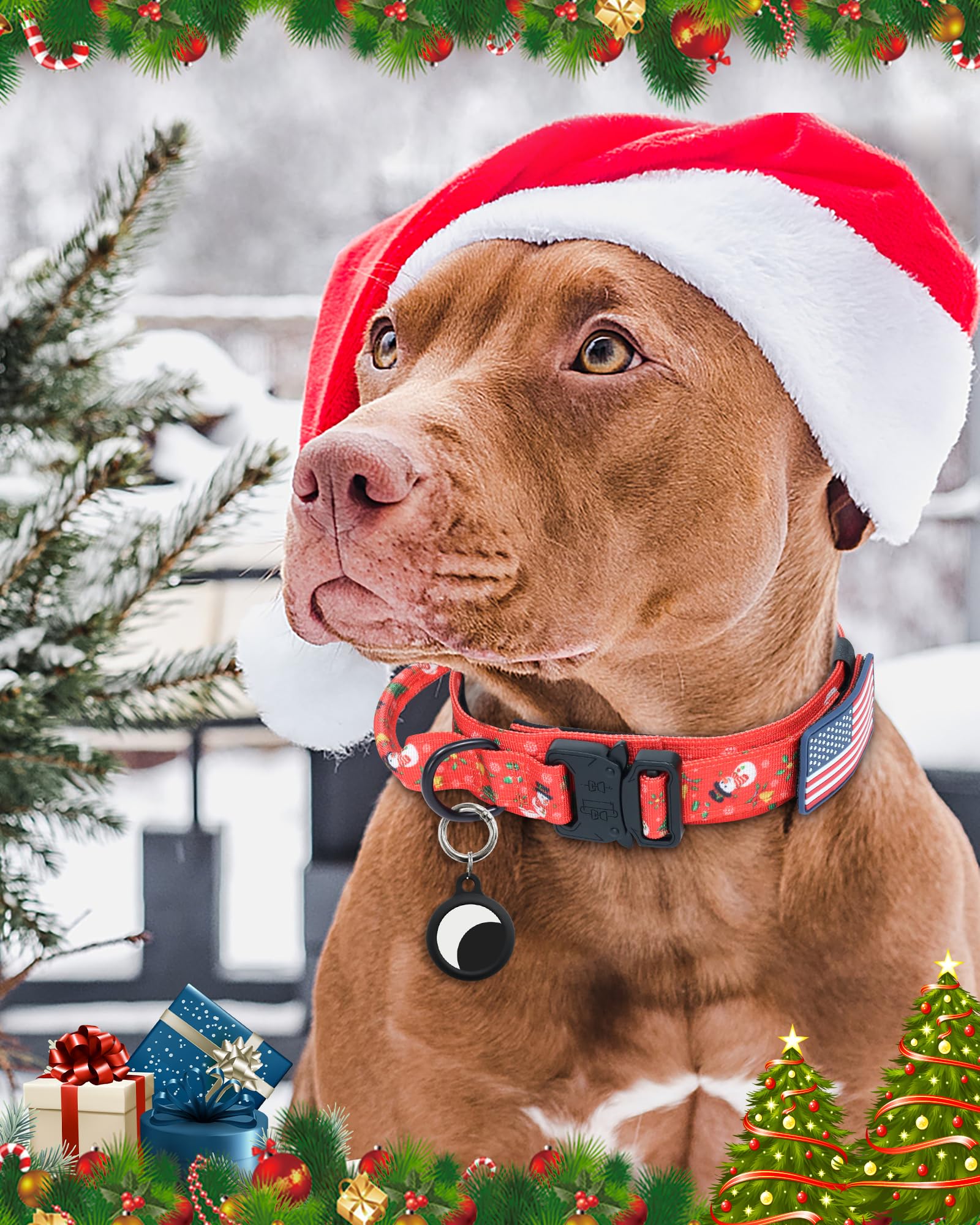 Hotsky Christmas Tactical Dog Collar, Adjustable Military Training Xmas Dog Collar With Handle And Have Duty Metal Buckle For Medium Large Dogs, With Airtag Holder And 2 Patches(M, Christmas Red)