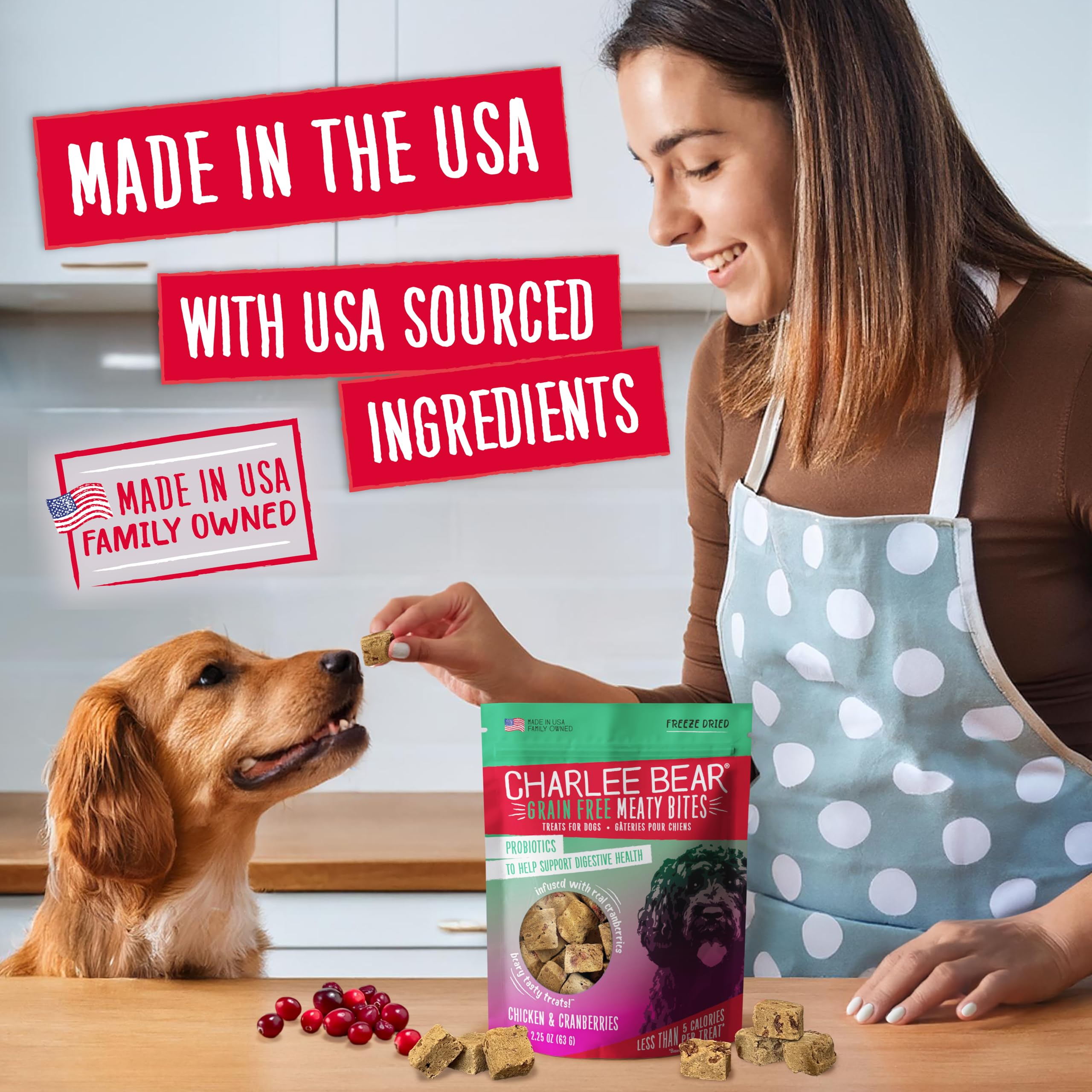 Charlee Bear Grain Free Meaty Bites Dog Treats, Chicken & Cranberries, 2.25 oz, High Protein Training Treats, Made in USA