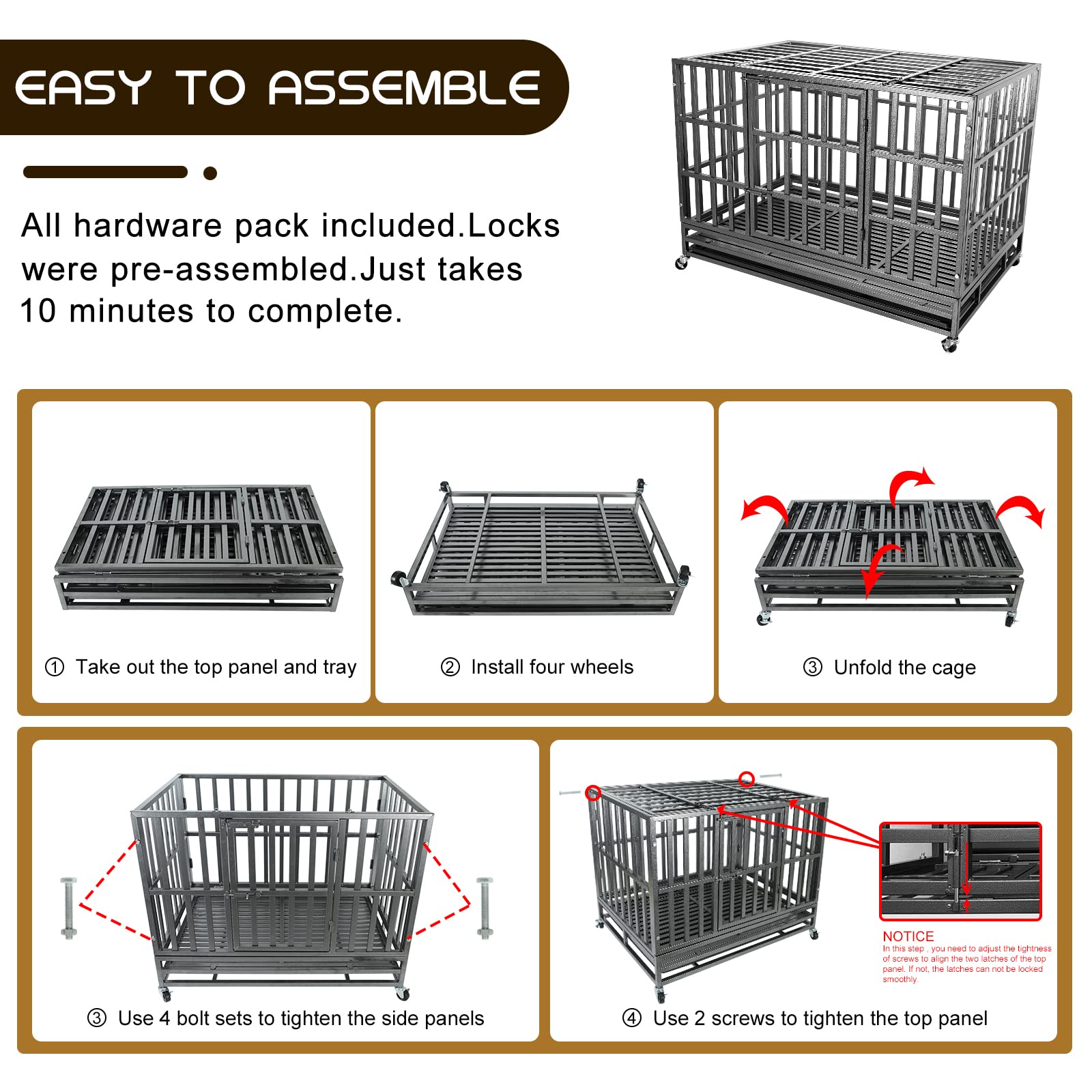 Confote 37 Inch Heavy Duty Dog Crate Metal Cage Kennel, High Anxiety Pet Cage With Lockable Wheels & Double Doors For Small Dogs