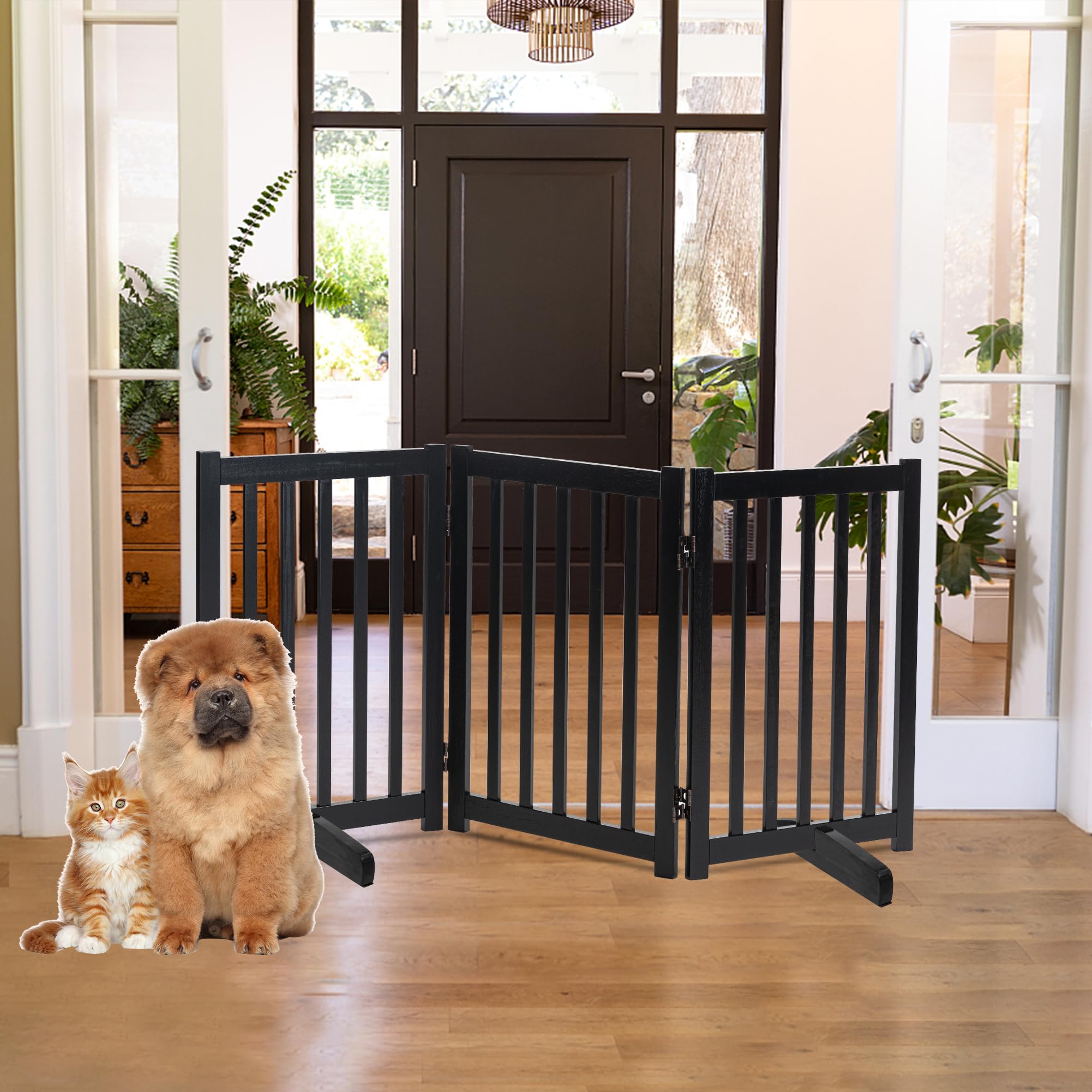 Lzrs Solid Hardwood Freestanding Pet Gate,Wooden Dog Gates For Doorways,Nature Wood Dog Gates For The House,Dog Gate For Stairs,Freestanding Indoor Gate Safety Fence,Black,30' Height-3 Panels