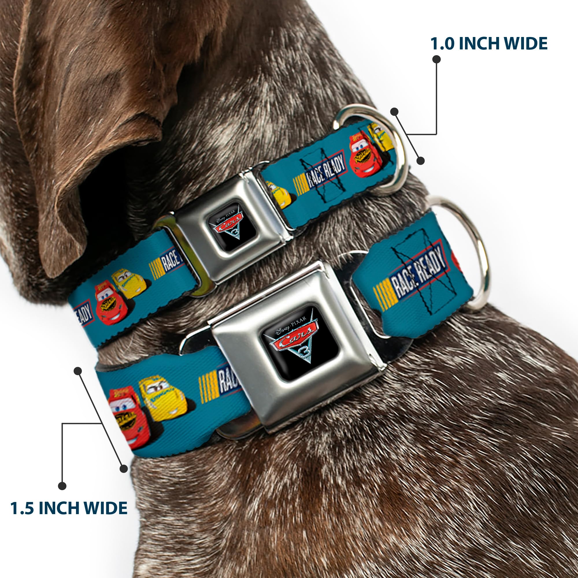 Buckle-Down Dc-Wdy417-Wl Seatbelt Dog Collar, Wide Large, Cars 3 Lightning Mcqueen/Cruz Ramirez Pose Race Ready Blue/Yellow/Red