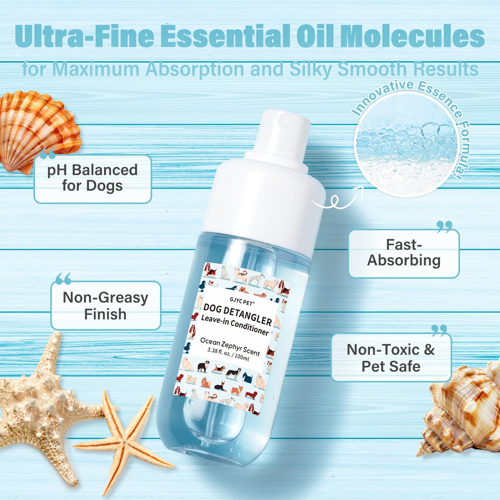 Dog Detangler & Dematting Spray - Leave-In Conditioner, Ocean Zephyr Scent | Jojoba Oil, Macadamia Oil, Sodium Hyaluronate For S