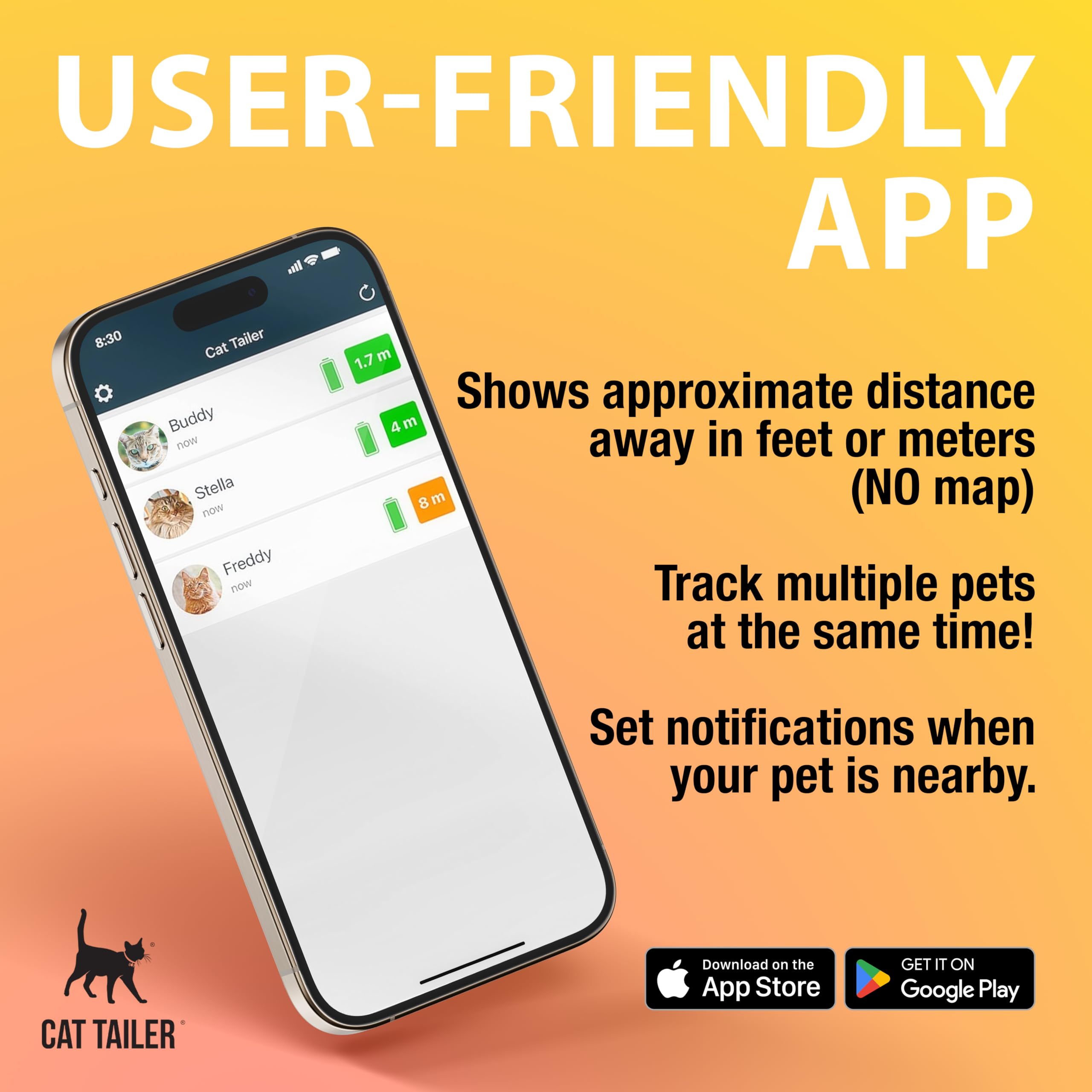 Cat Tailer Cat Tracker - Small and Lightweight Waterproof Bluetooth Pet Collar Attachment, 328 Foot Range, Replaceable 6 Month B