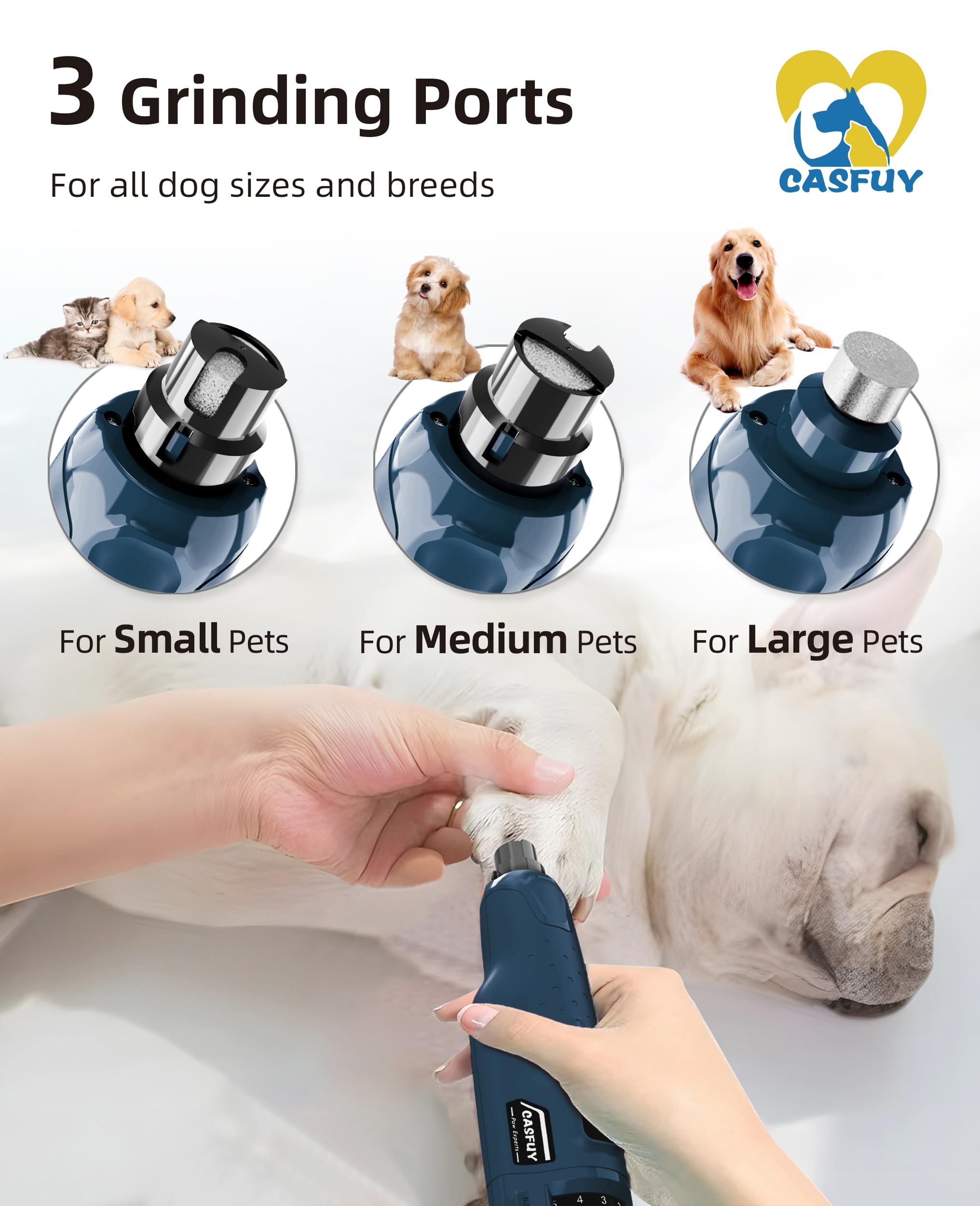 Casfuy Dog Nail Grinder Quiet - (45Db) 6-Speed Pet Nail Grinder With 2 Led Lights For Large Medium Small Puppy Dogs/Cats, Professional 3 Ports Rechargeable Electric Dog Nail Trimmer With Dust Cap