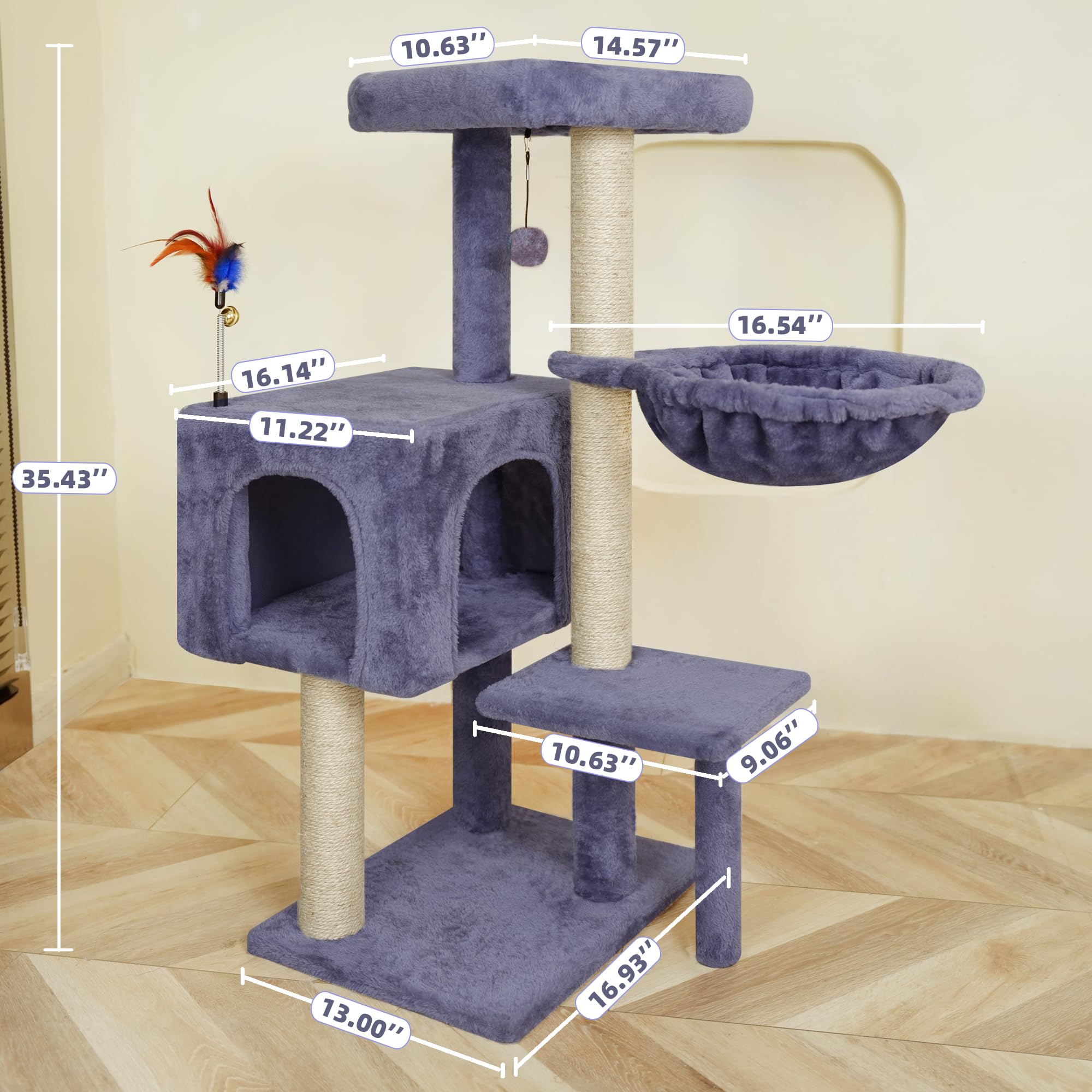 Aiwikide Multifunction Cat Tree Has Cozy Hammock & Hanging Ball, Cat Tower With Activity Centre Furniture & Jute-Covered Scratch