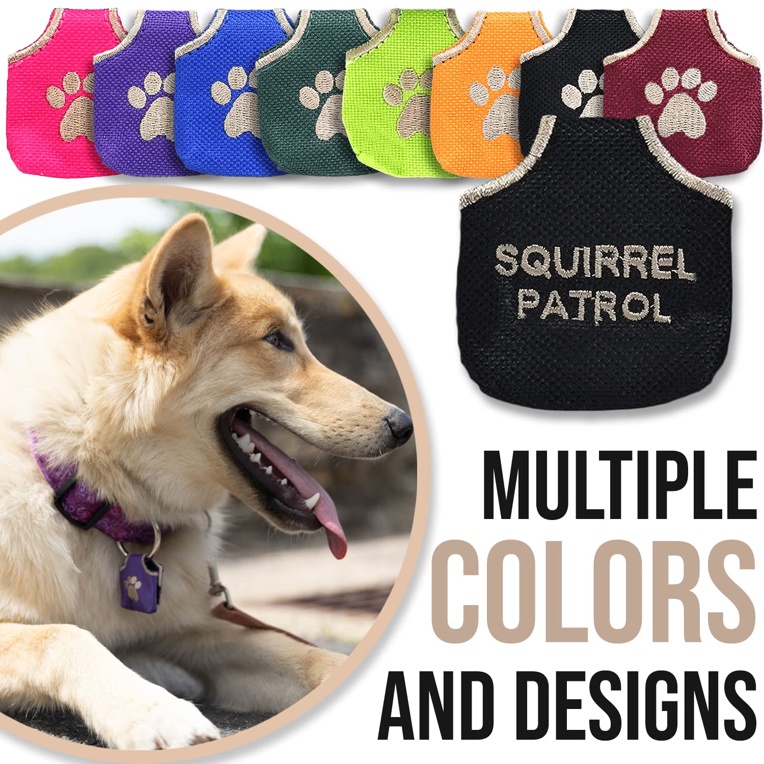 Woofhoof Dog Tag Silencer, Black Squirrel Patrol - Quiet Noisy Pet Tags - Fits Up To Four Pet Ids - Dog Tag Cover Protects Metal