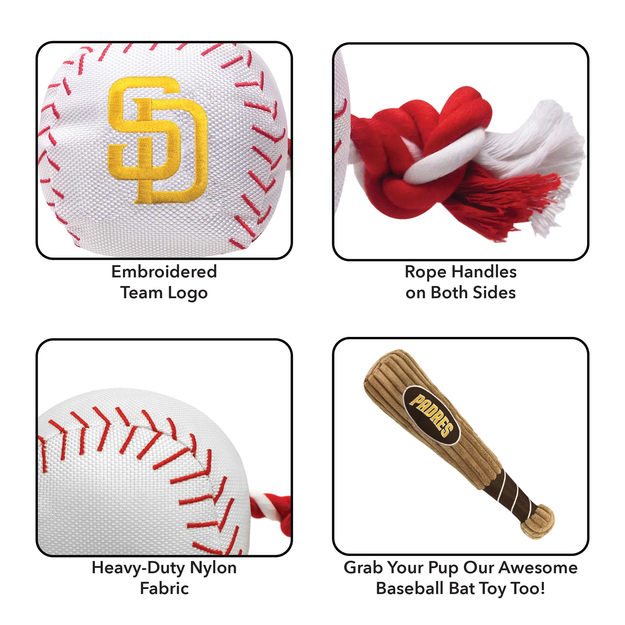 Mlb San Diego Padres Baseball Rope Toy For Dogs & Cats. Tough Nylon, Sporty Baseball Design, Heavy-Duty Ropes With Inner Squeake