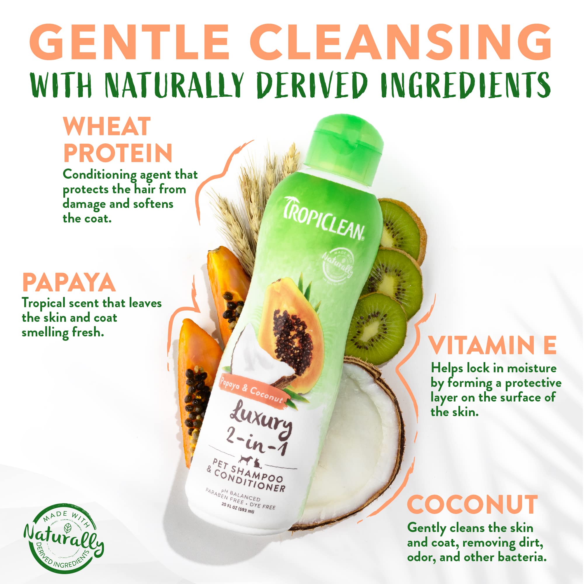 Tropiclean 2-In-1 Dog Shampoo And Conditioner, Moisturizing Dog Detangler, Puppy Safe, Made In The Usa, Papaya Scent, Cat & Kitten Safe, 20Oz.