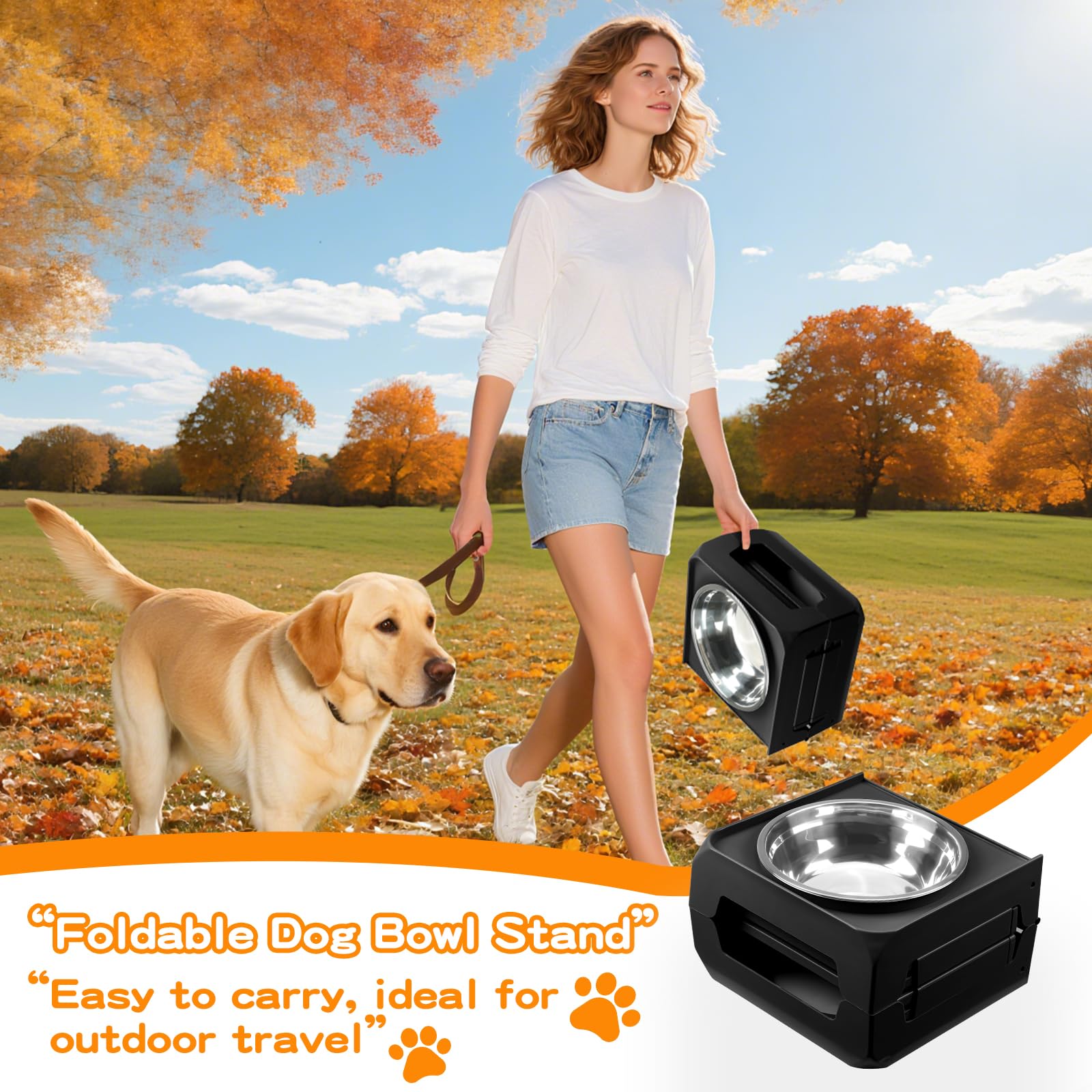 Elevated Dog Bowl Stand for Large Dogs - 2 Extra Large 10    Stainless Steel Bowls, 5 Adjustable Heights(7.5-15.4), Foldable Non