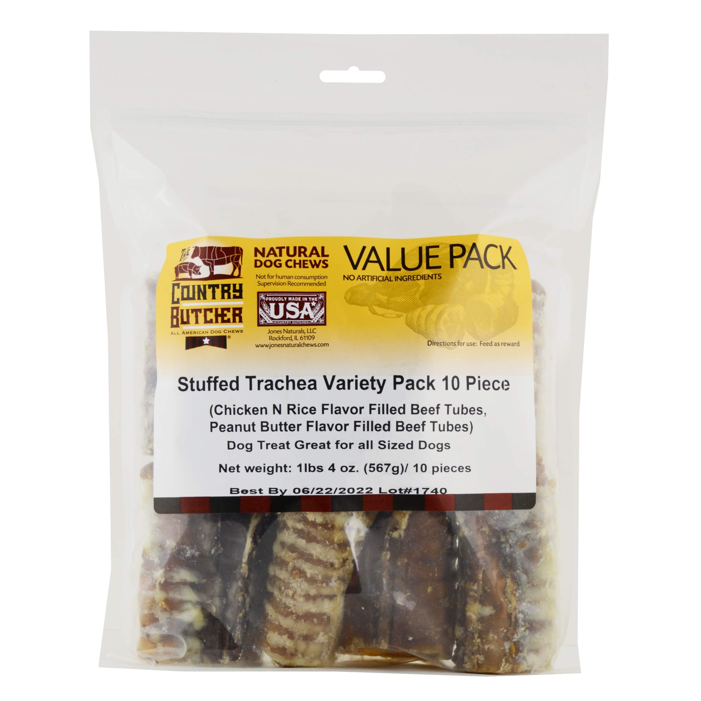 THE COUNTRY BUTCHER Filled Beef Trachea Dog Treats, 10 Count, Glucosamine & Chondroitin, Rawhide Free, Made in USA