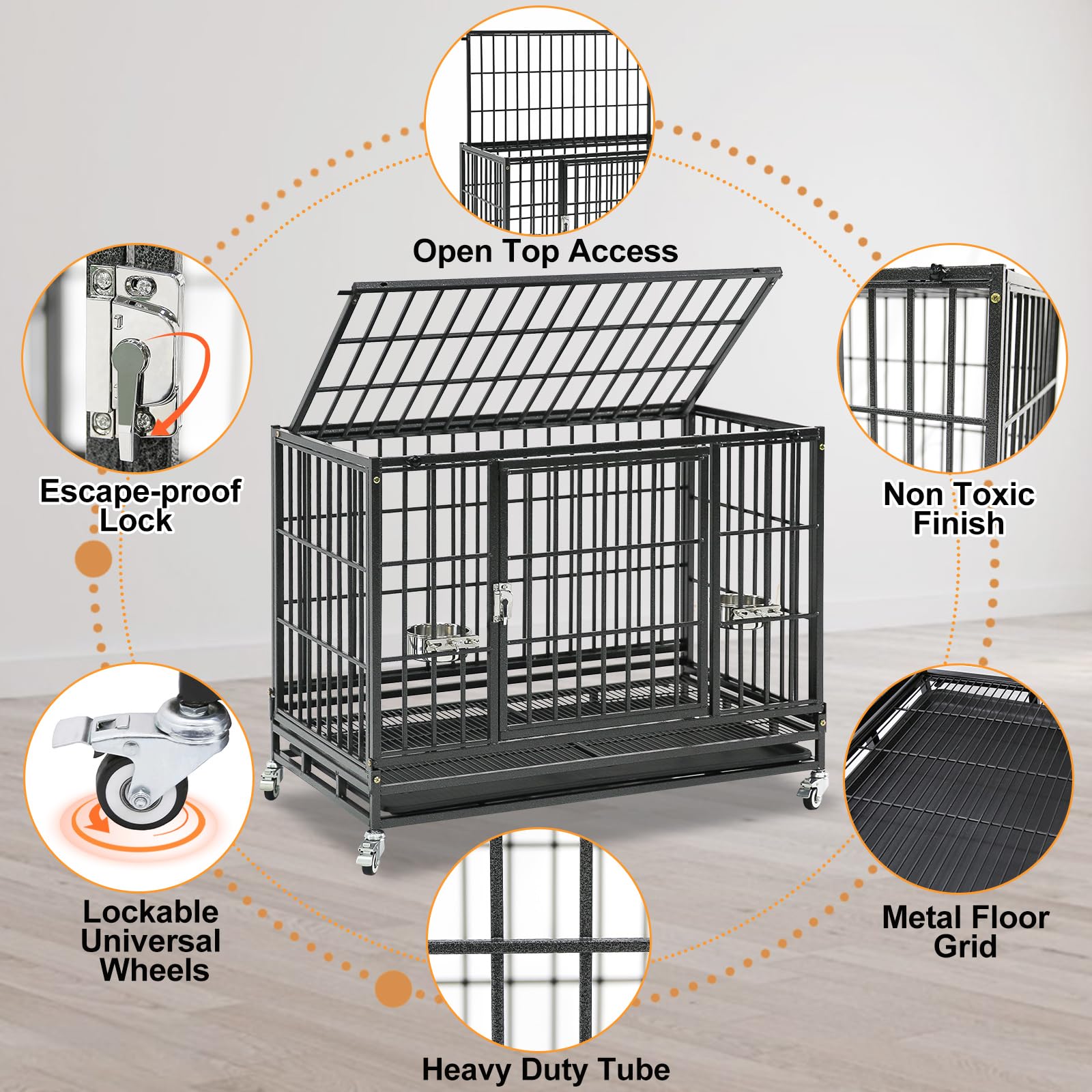 Homey Pet 37 Inch Heavy Duty Dog Crate For Medium Dogs, Stackable Dog Cage With Four Lockable Wheels, Removable Tray & Grid, Ope