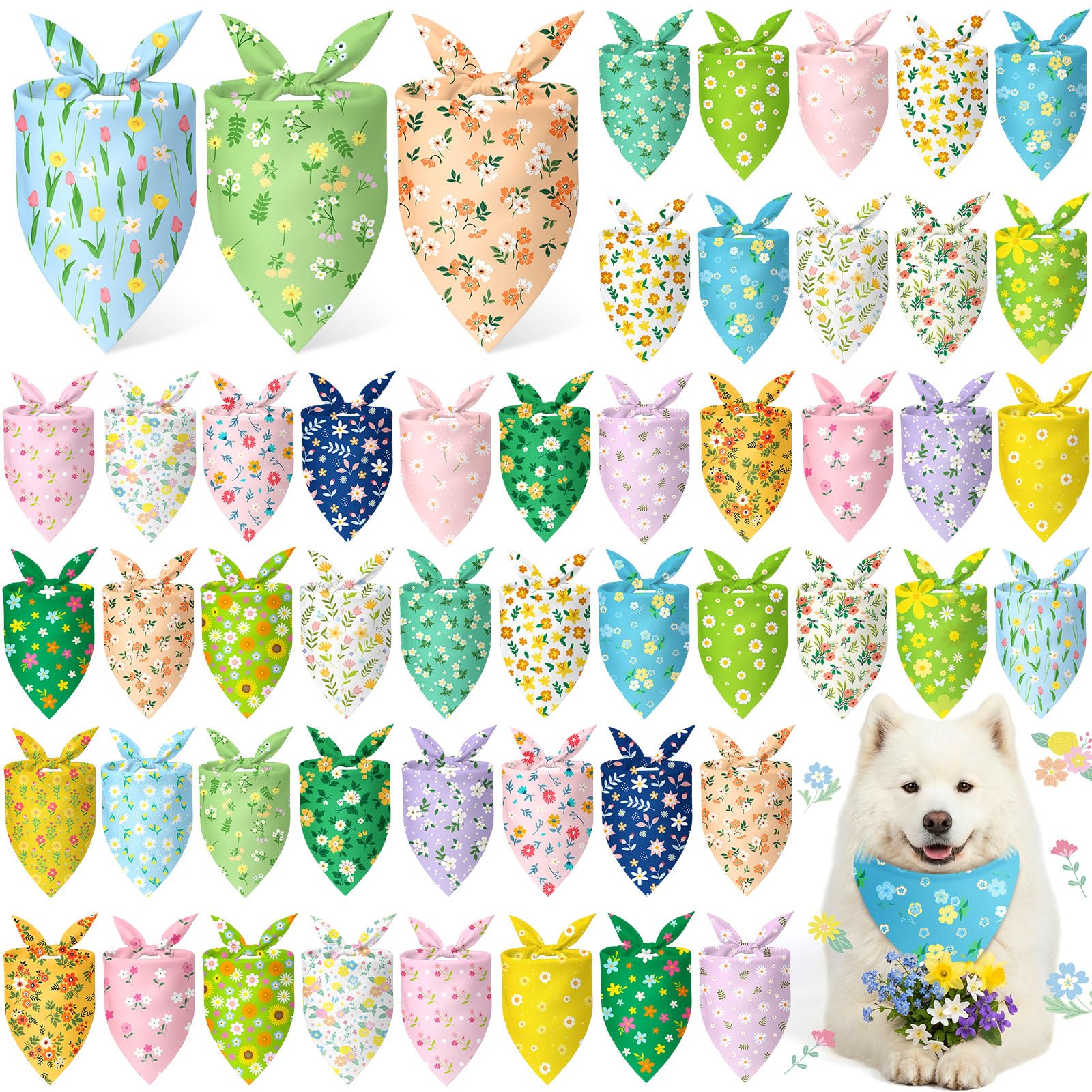 Abbylike 50 Pieces Spring Dog Bandanas Bulk Flower Daisy Sunflower Dog Bandanas for Pets Triangle Kerchief Scarf Bibs for Spring