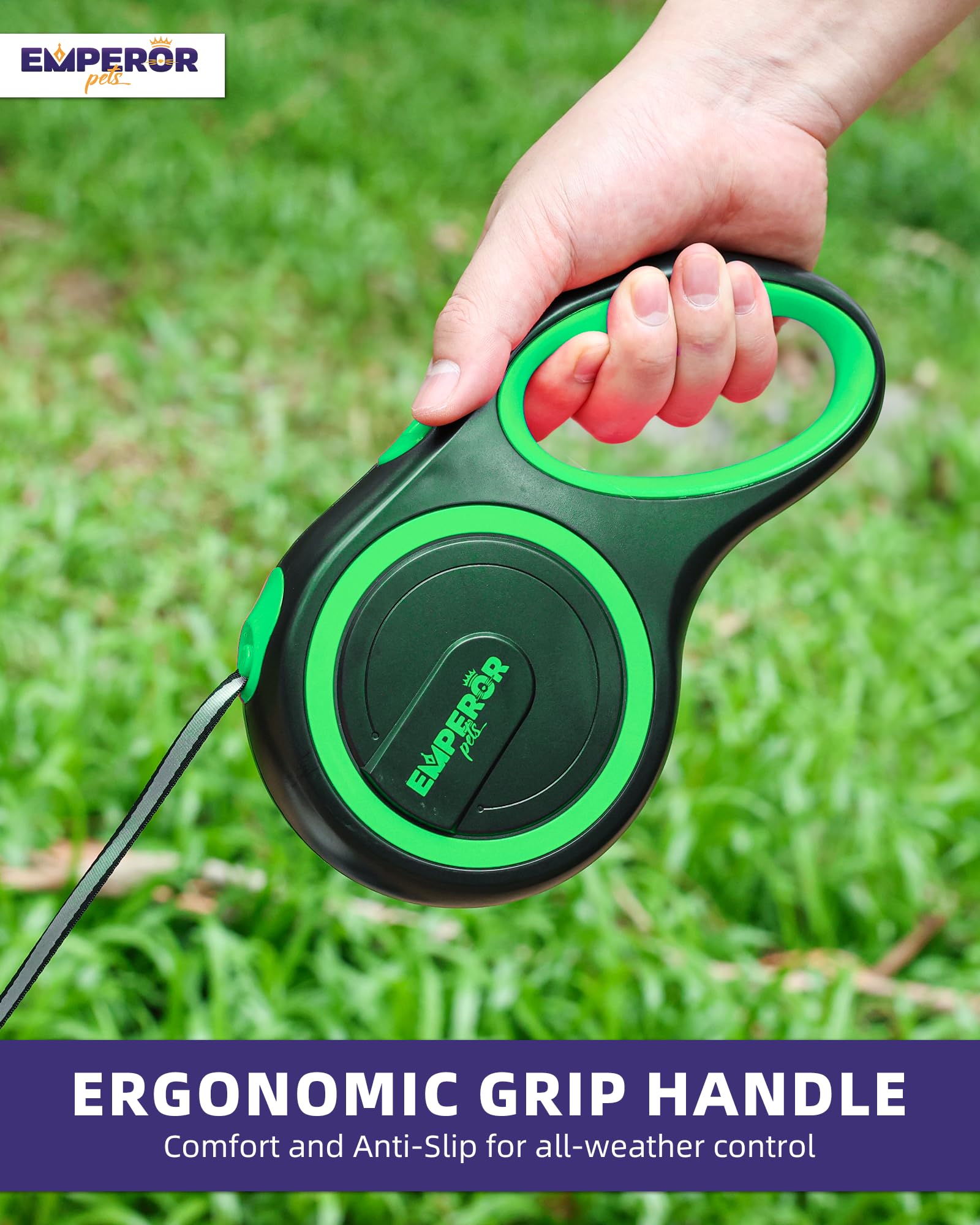 EMPEROR PETS Retractable Dog Leash for Large Dogs, Heavy Duty 26 ft Nylon, Green, Up to 110lb, Model EMP-HQL1-GN26