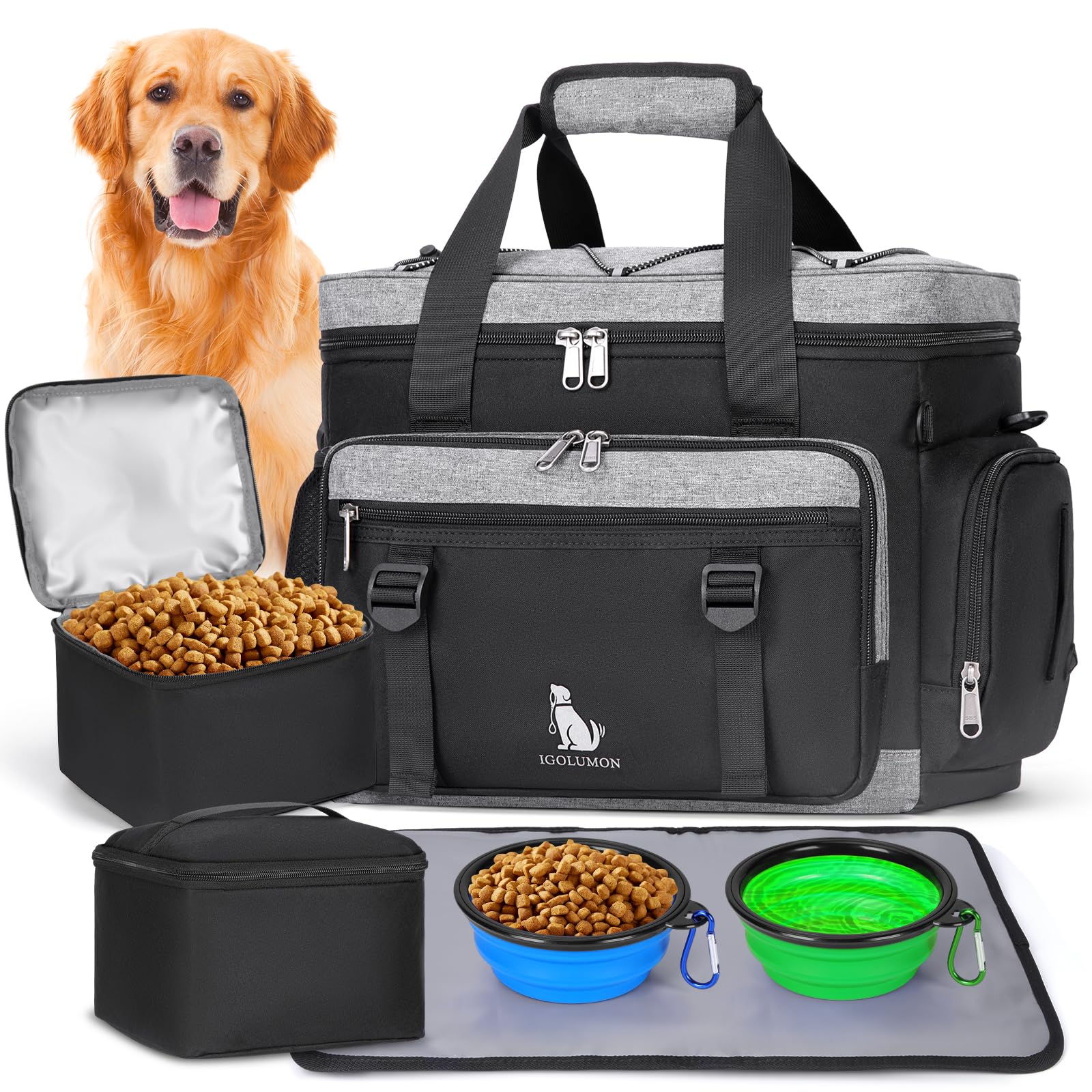 IGOLUMON Large Dog Travel Bag Set - Multi-Pockets Tote Organizer with 2 Extra Large Food Containers, 2 Dog Bowls, 1 Feeding Mat
