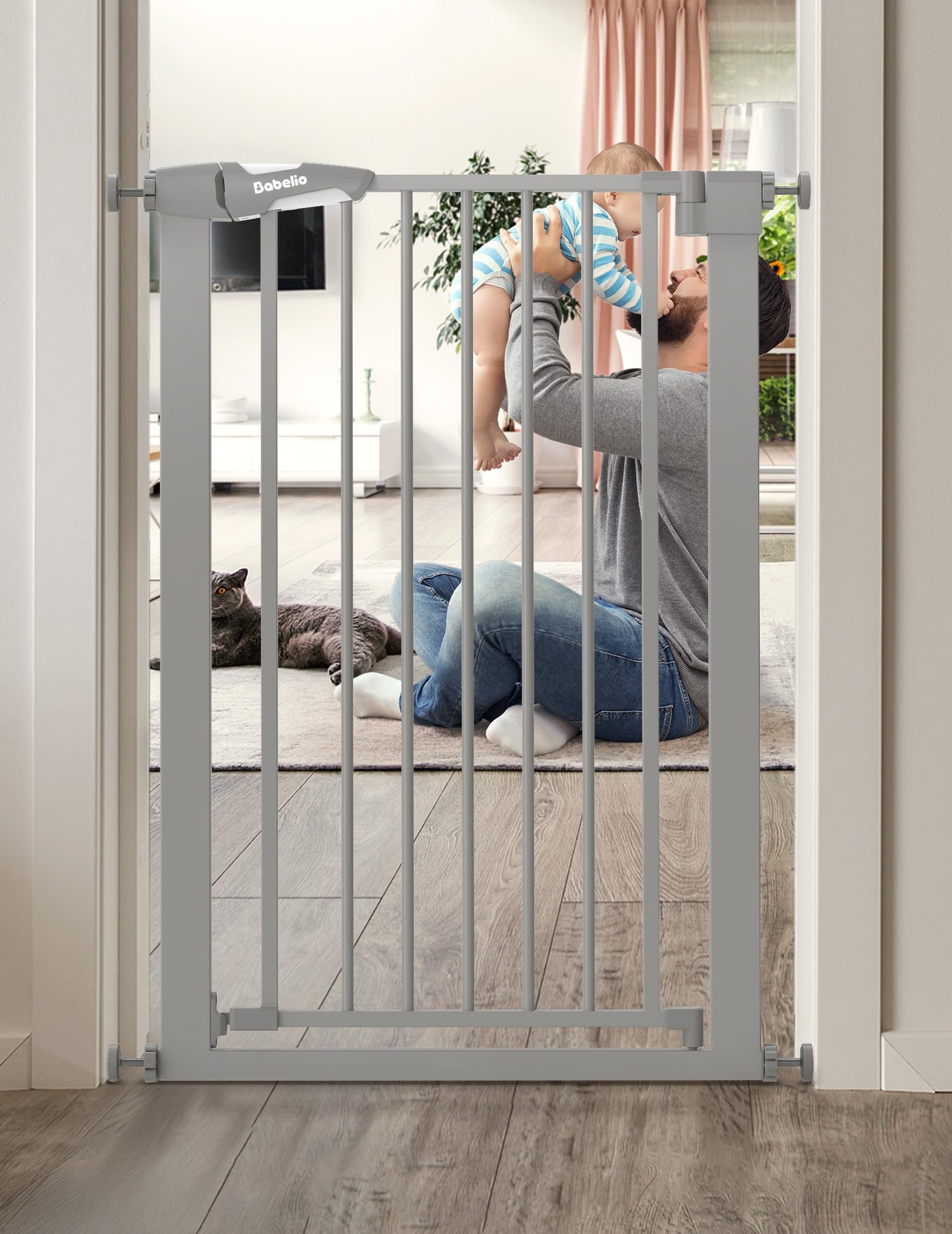 BABELIO 36 Tall Narrow Baby Gate, 26-28.5 Auto-Close Metal Dog Gate for Small Stairs/Doorways/Hallways, NO Drilling Pressure Mou