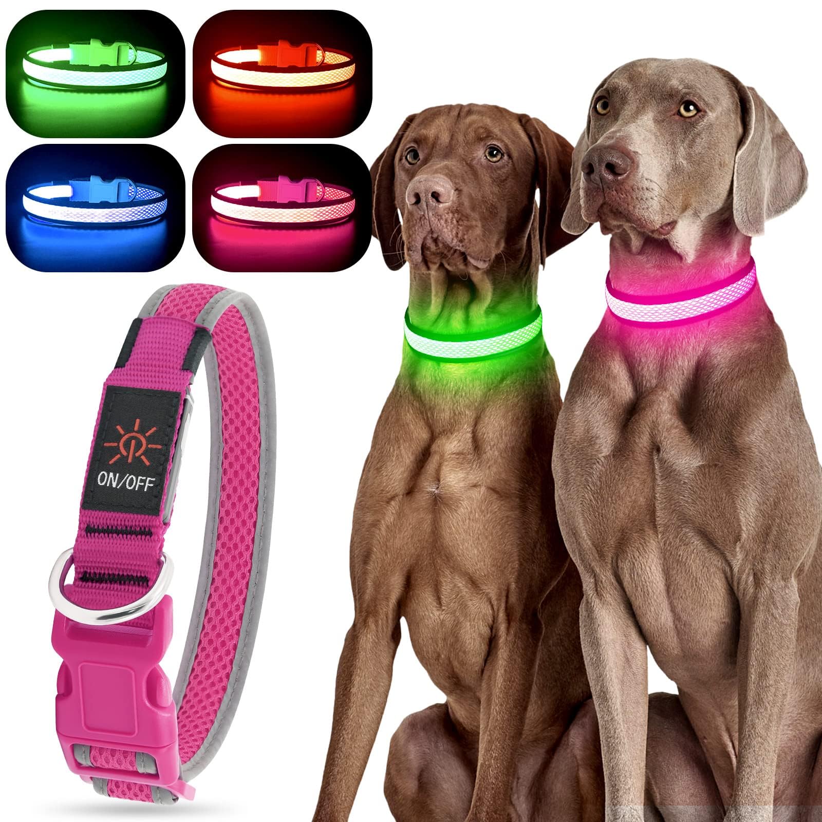 Yfbrite Light Up Dog Collar, Rechargeable Led Dog Collar, Flashing Dog Collar, Adjustable Reflective Dog Collar Safety Glowing At Night (Pink, Large)