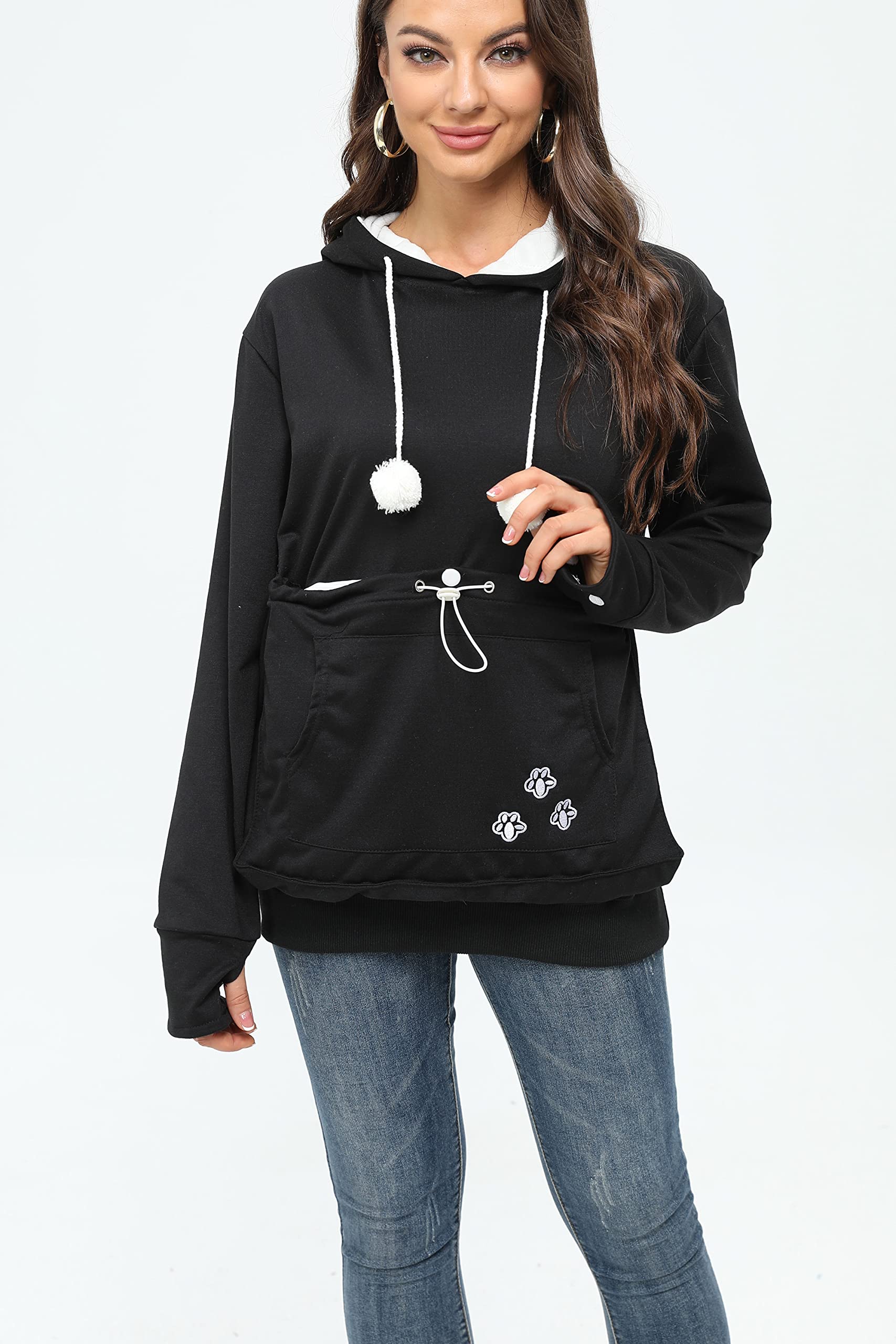 Bombaxceiba Hoodie Pet Holder Cat Dog Large Pouch Pocket Carriers Pullover With Cat Print Sweatshirt Unisex Kangaroo Pocket Small Animals Hoody Women Men (Black,Xl)