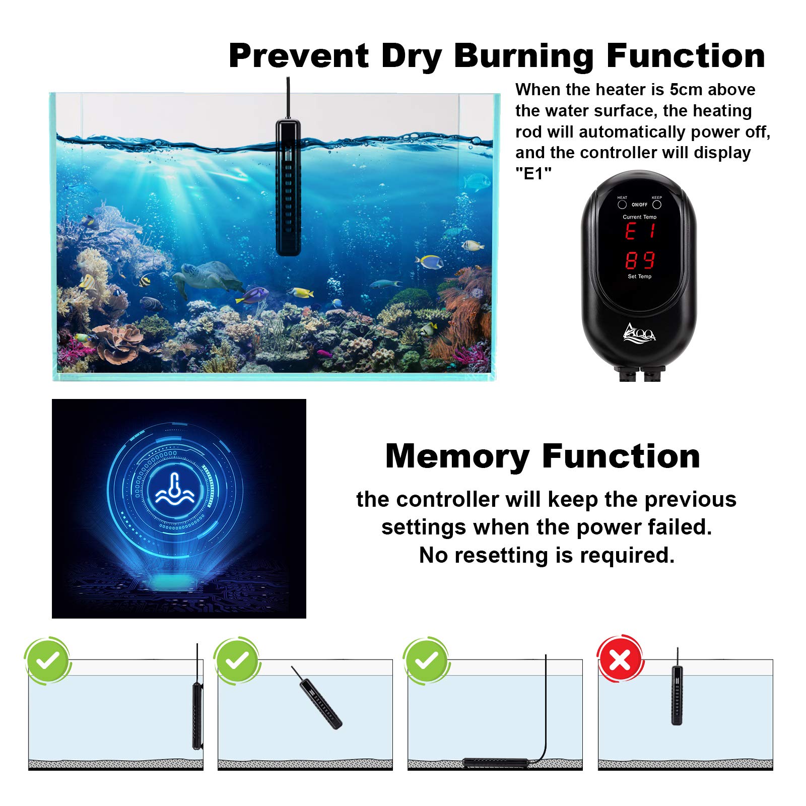 Aqqa Submersible Aquarium Heater,100W/200W/300W/500W/800W/1000W/1200W Fish Tank Heater,External Temperature Controller Led Temperature Display,Suitable For Saltwater And Freshwater(300W)