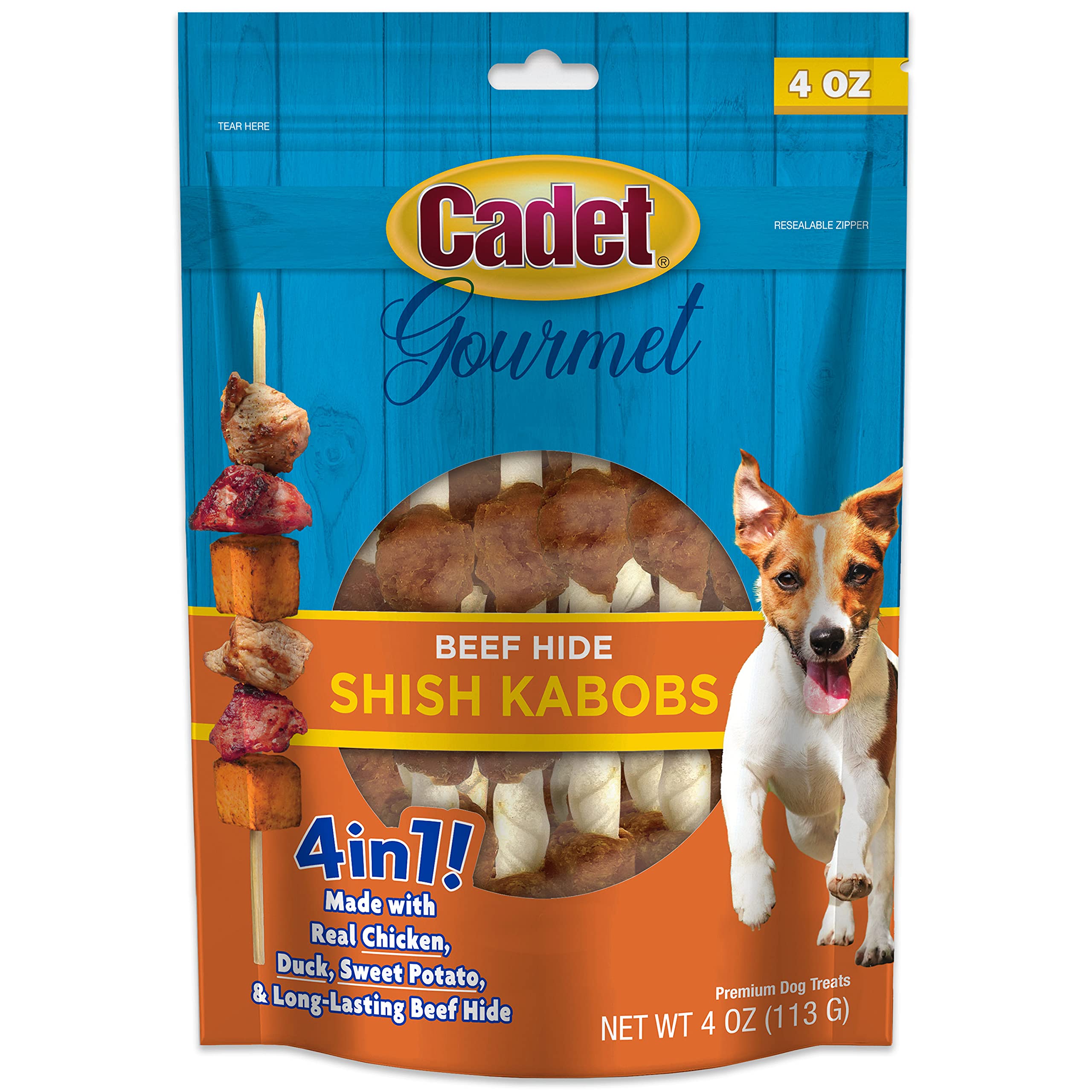 Cadet Gourmet Shish Kabob Dog Treats for Small Dogs, Healthy & Natural Chicken, Duck, & Sweet Potato Chew Sticks, Beef Hide, Sma