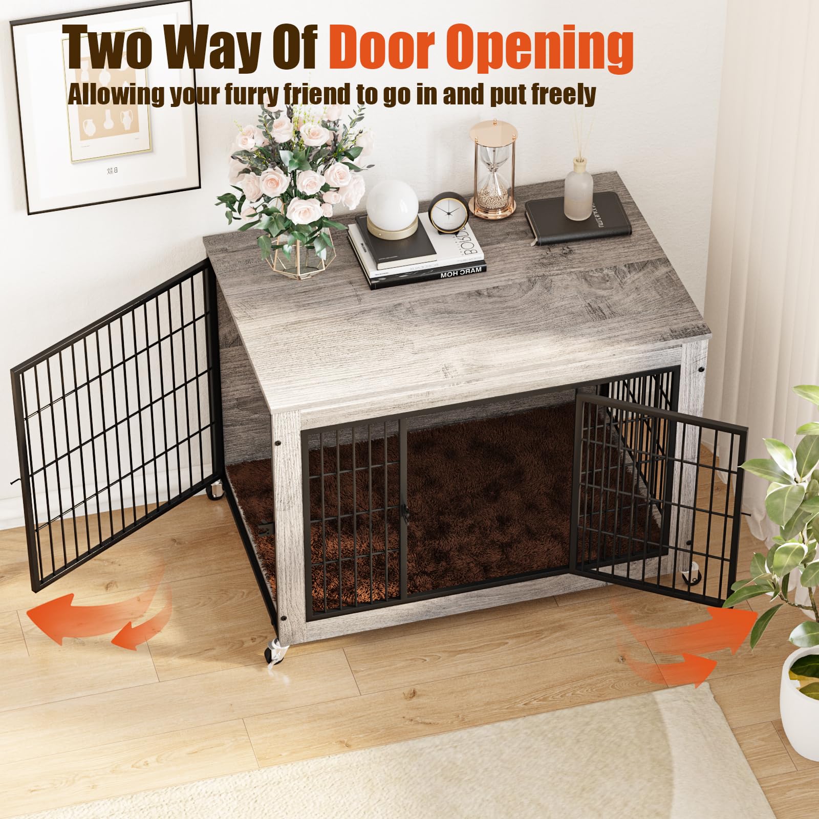 LEMBERI Dog Crate Furniture, 38 Inch Wooden Indoor Kennel with Cushion, Double Doors, Gray