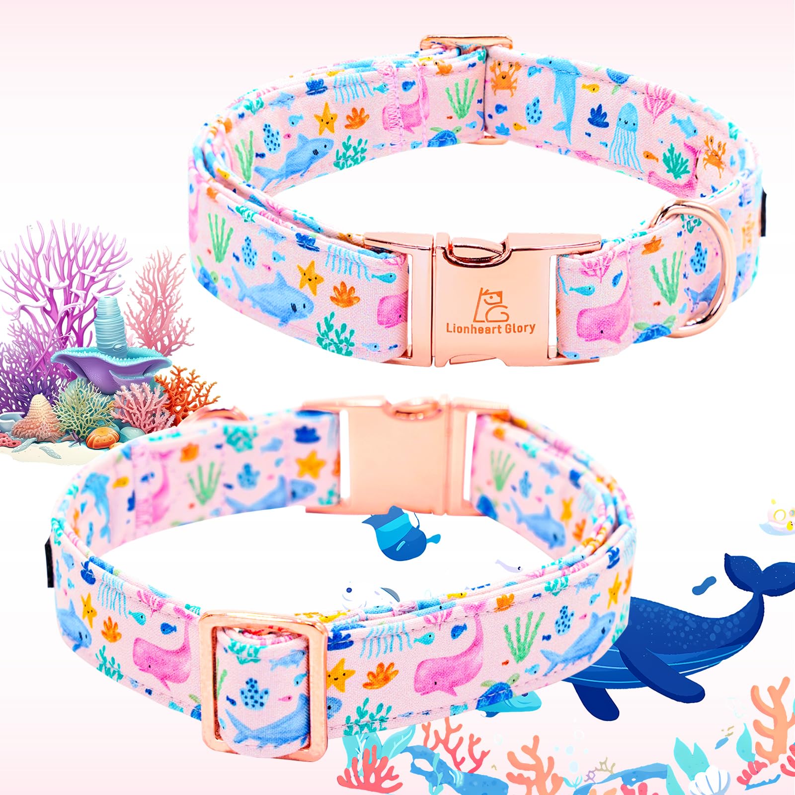 Lionheart Glory Dog Bow Collar Sea Animals Print Pink Dog Collar For Large Dogs,Female Male Dog Collars With Bowtie Spring Summe