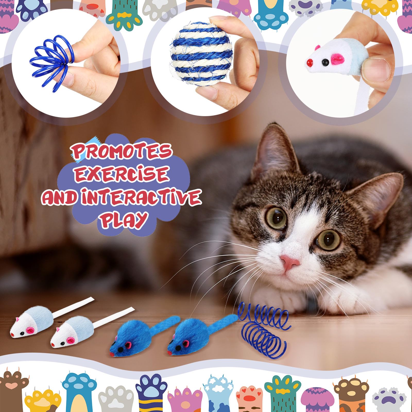 Gemscream 46 Pcs Cat Toys Set Interactive Cute Cat Toys Include Fur Mice Rattle Springs Crinkle Balls Pompom Bell Sisal Ball Puz