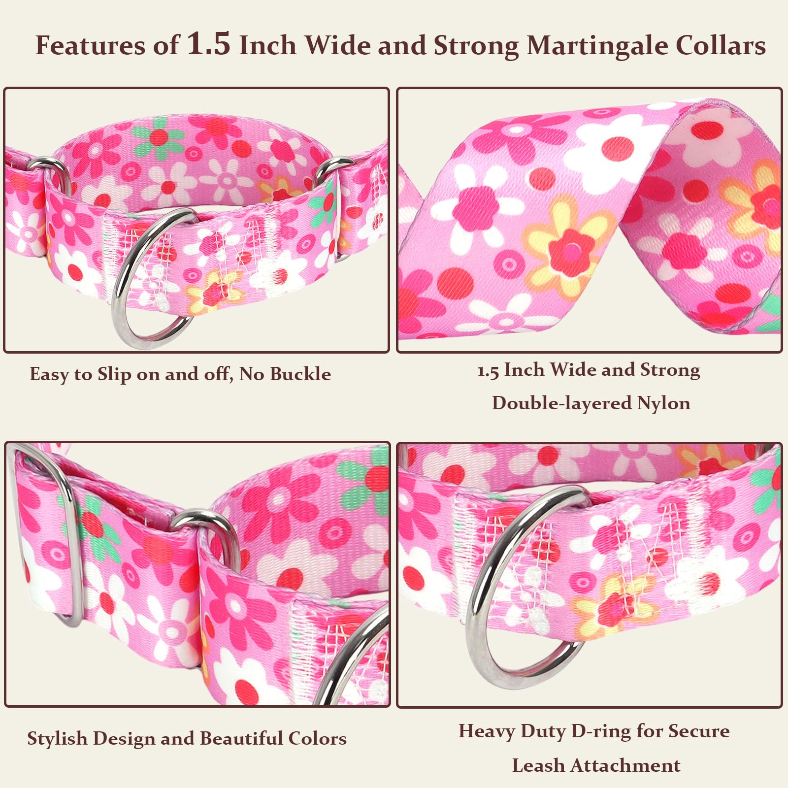 Wide Pink Martingale Collar For Dogs,1.5 Inches Martingale Collar With Flowers Pattern,No Slip Dog Collar Perfect For Training,W